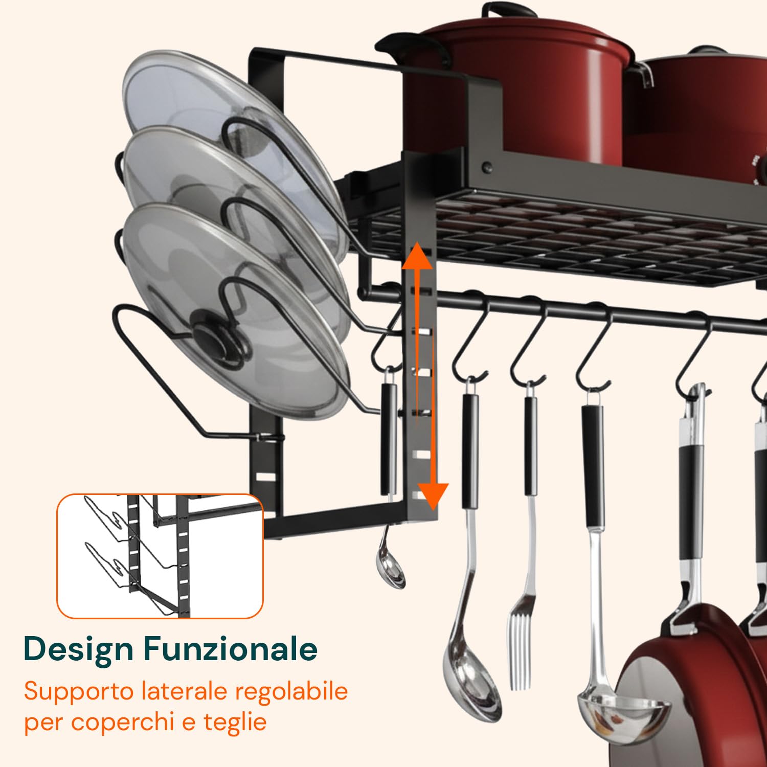 Wintem – Porta Pentole Coperchi Salvaspazio da Parete con Mensole e 12 Ganci, Organizer Cucina in Ferro per Pentole Coperchi e Mestoli, Sistema Verticale Robusto e Funzionale per Uso Quotidiano