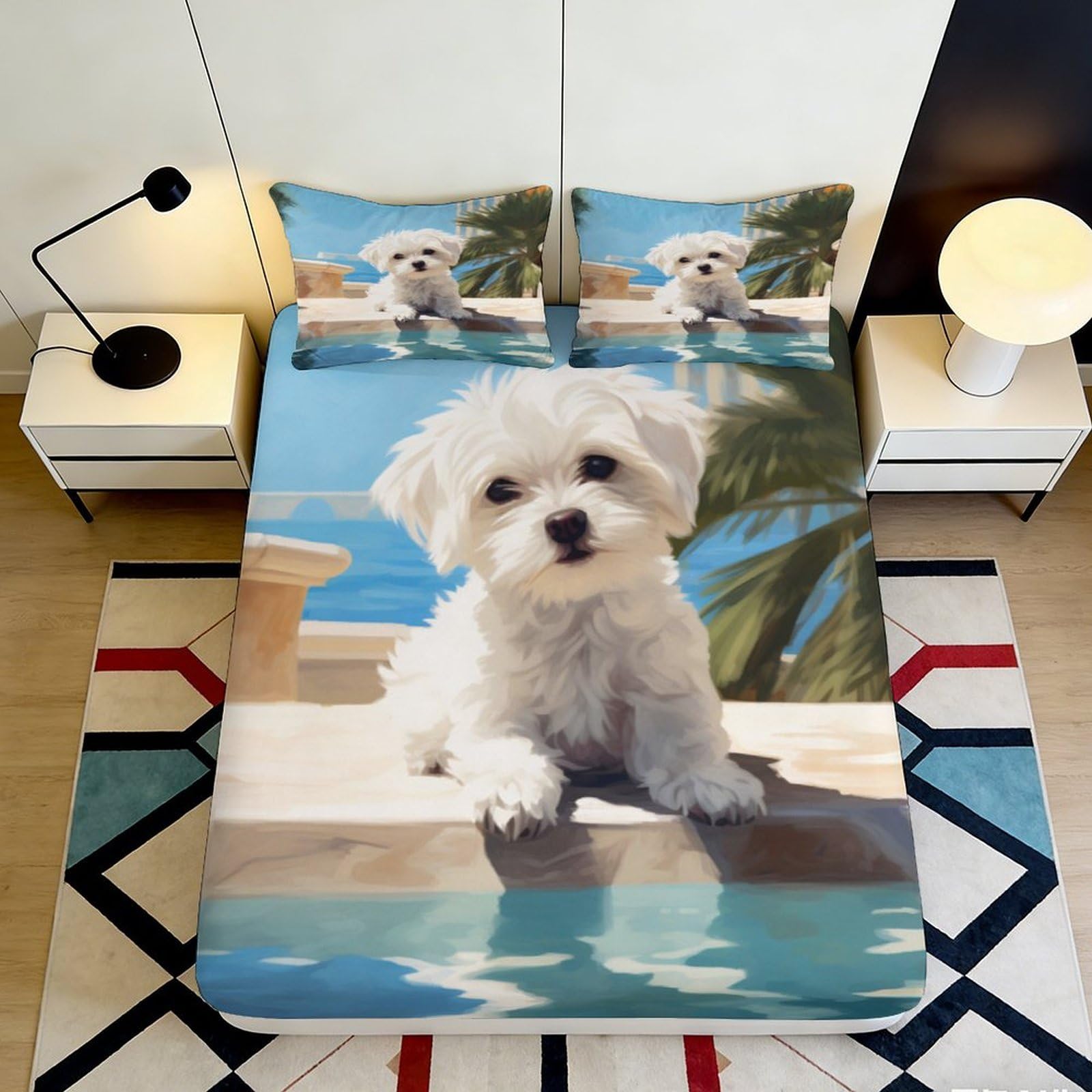 Decorative Puppy Fitted Sheet 3D Printed, Microfiber Soft Touch Bed Cover, Wrinkle Resistant, Home Decor, Apartment Bedding, Bedroom, Easy Care, Anti-Slip, Dustproof, White Dog 90x200x25cm