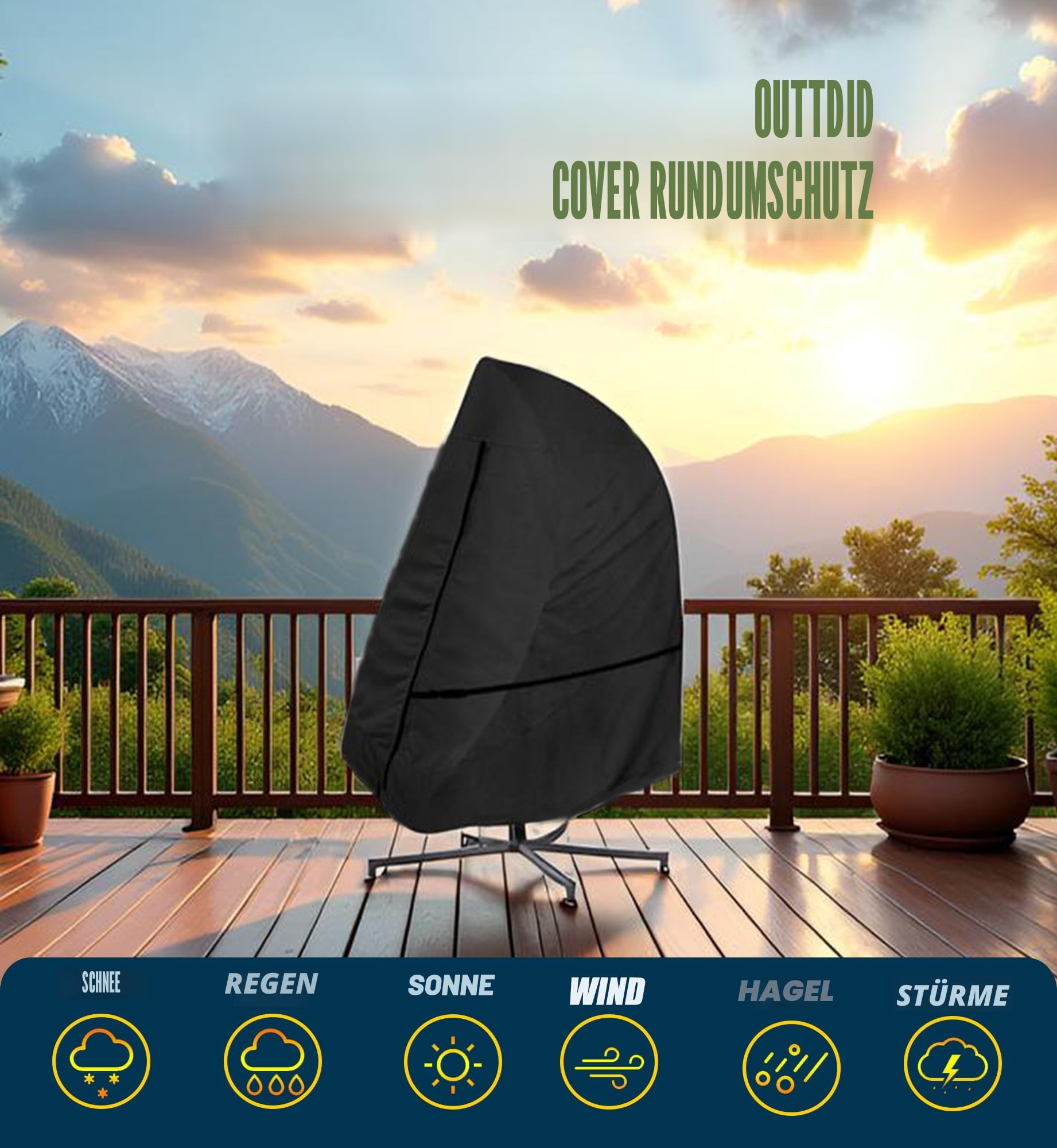 Hängesessel Abdeckung Wasserdicht Schwerlast 600D Oxford Gewebe Hängestuhl Schutzhülle Winterfest Winddicht UV Beständiges Abdeckung für Hängekorb Hängeschaukel Schwingsessel, Schwarz, 190x115cm