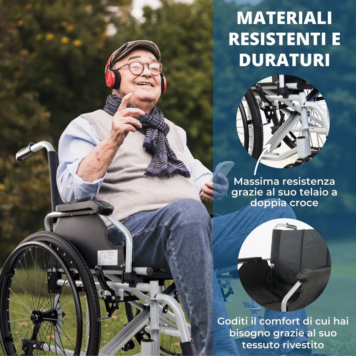 Mobiclinic®, Sedie a Rotelle bariatriche, Larghezza Speciale 60 cm, Robusta, Max. 225 Kg, Ruote Rimovibili con un Solo Pulsante, Antiribaltamento, Telaio Doppia Crociera, Braccioli e Poggiapiedi