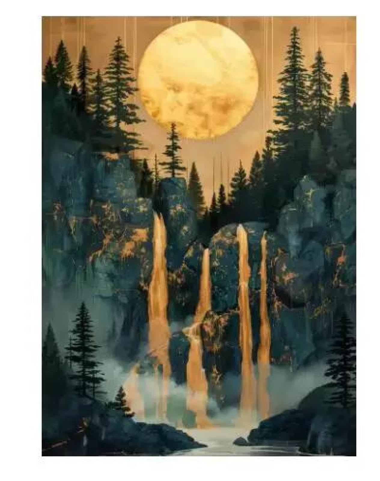 Baibexing Golden Moon Pine Tree Waterfall Nature Mountain Forest Poster Print Canvas Painting Wall Art Picture Living Room Home Decor A8 21X30Cm Unframed