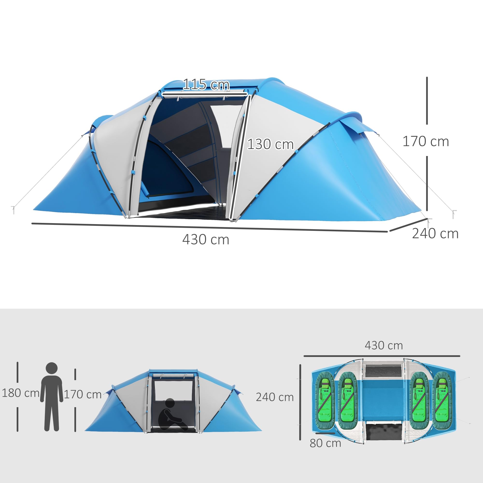 Outsunny Tente de Camping familiale 4 Personnes Tente dôme étanche légère, ventilée 2 cabines fenêtre Grande Porte Facile à Monter 4,3L x 2,4l x 1,7H m