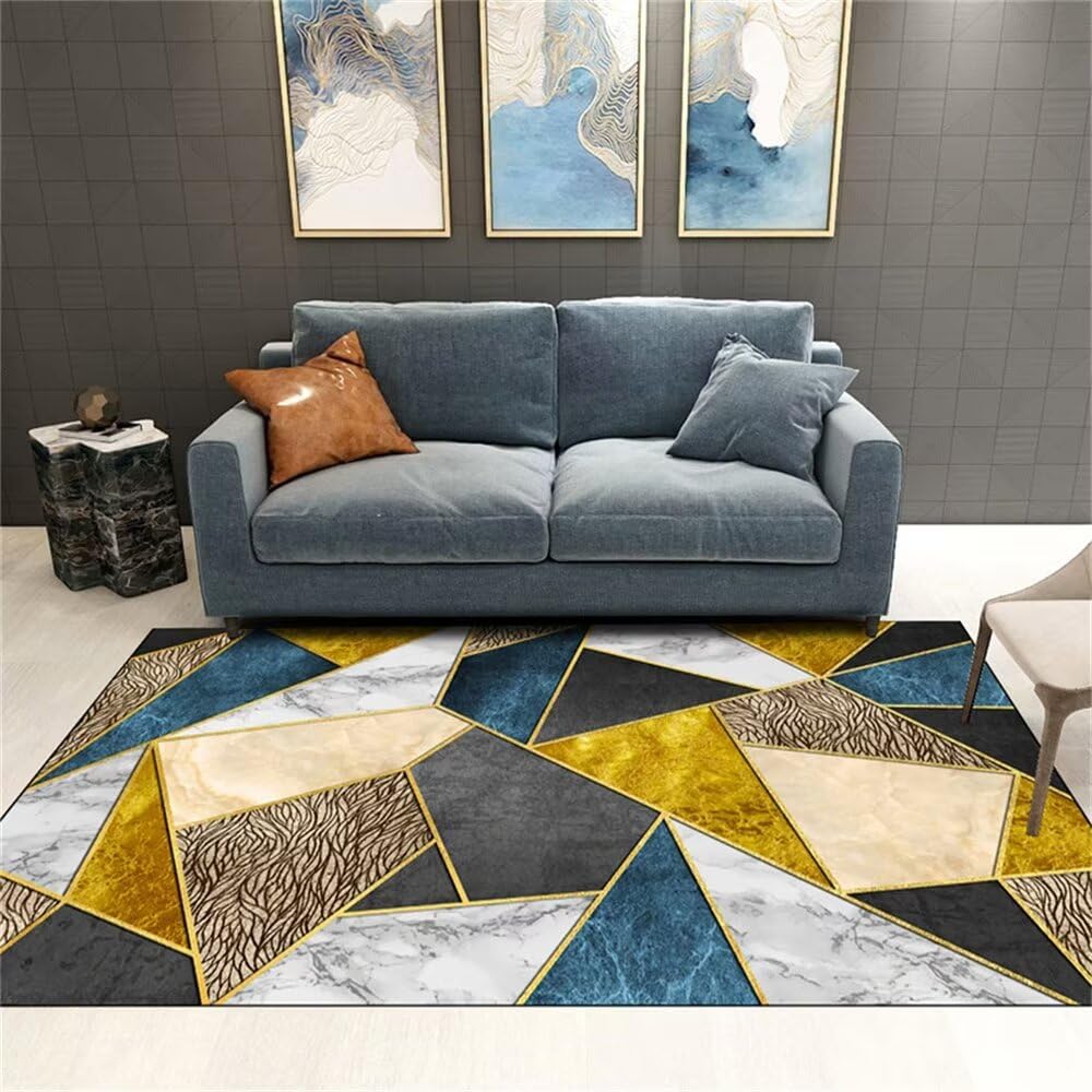 Tapis chambre garçon bleu et doré à motif géométrique moderne 90x120cm