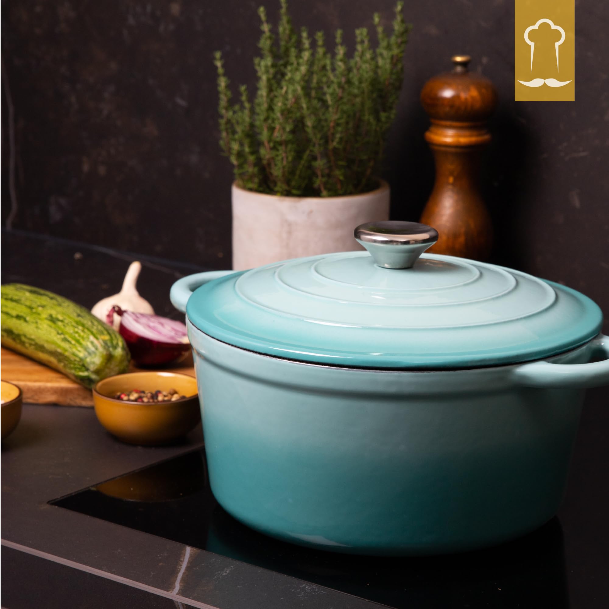 Chefarone Cacerola de hierro fundido de 24 cm, 3,5 L, esmaltada con tapa para hornear, estofar y asar, para inducción