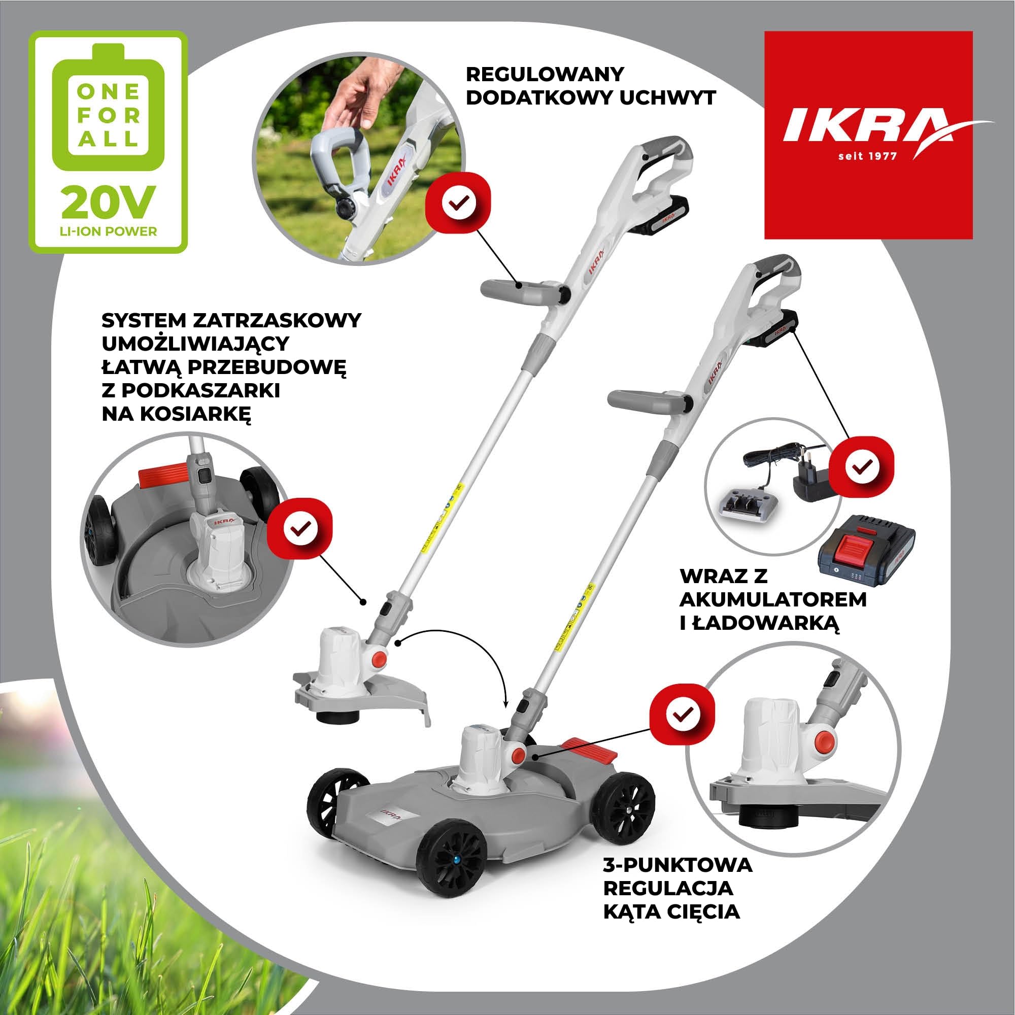 IKRA 2w1 Podkaszarka i kosiarka akumulatorowa IART 2030 F z żyłką | W zestawie akumulator 20V 2,0Ah i ładowarka, do małych trawników, system szybkiej wymiany,rodzina akumulatorów IKRA 20V
