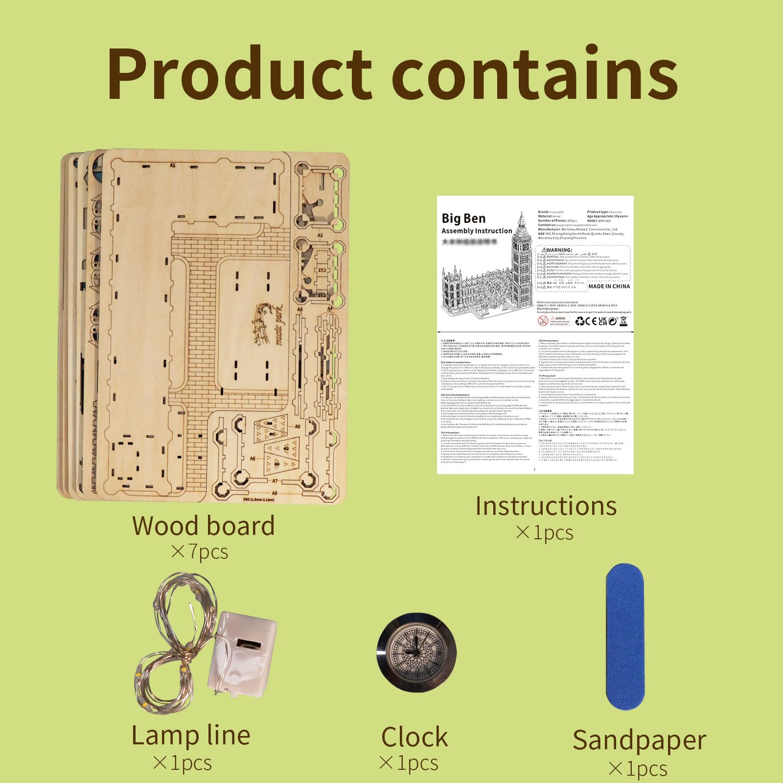 Music Park Puzzle 3D Adulto Big Ben in Legno con Luci LED Orologio Funzionante Modellino da Costruire con Ruota Panoramica, Gioco di Costruzione Decorativo, Regalo Elegante per Appassionati