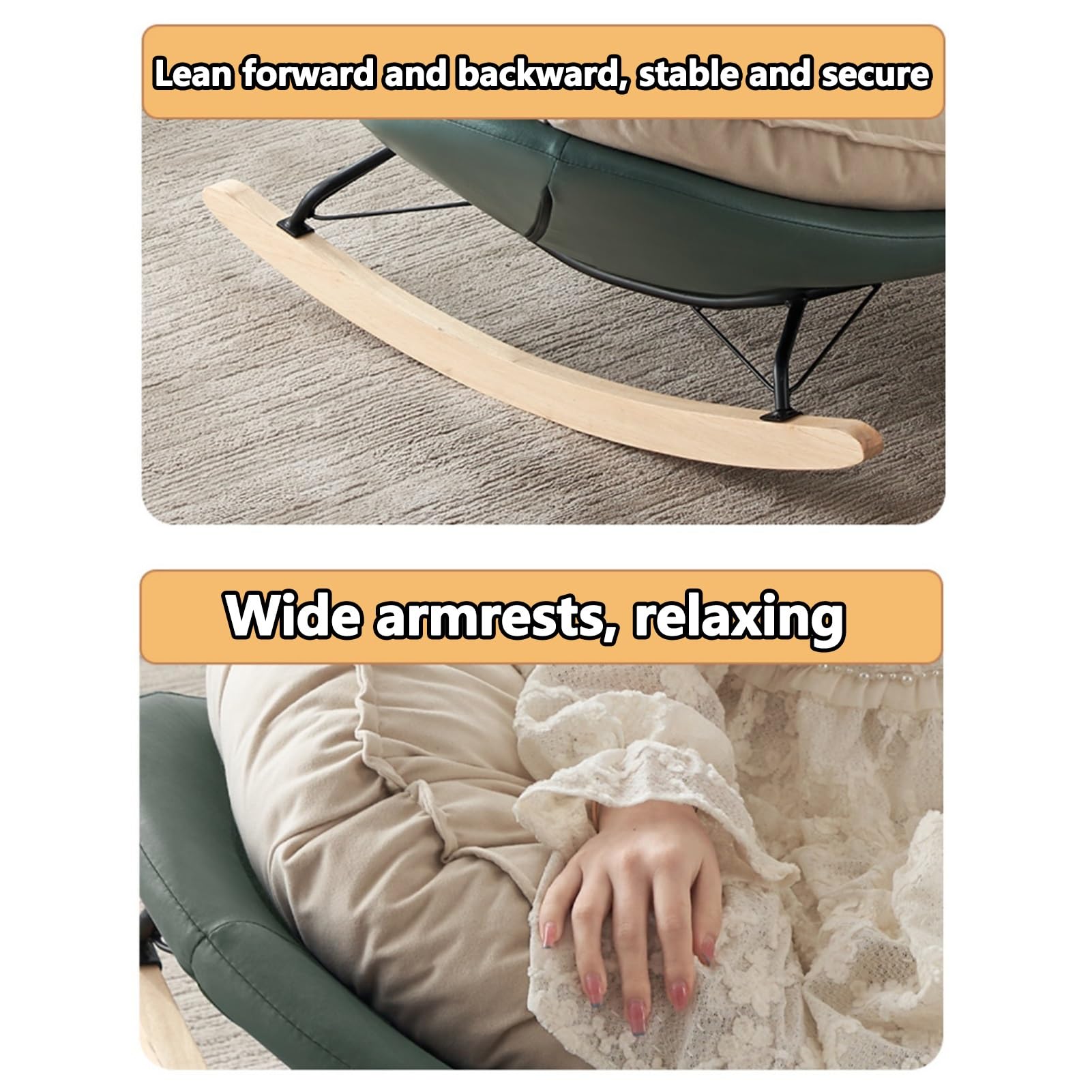 Mecedora de patio con cojín acolchado grueso, asiento interior y exterior, ideal para porche delantero, sala de estar, jardín, patio, patas de madera duraderas, relajación cómoda