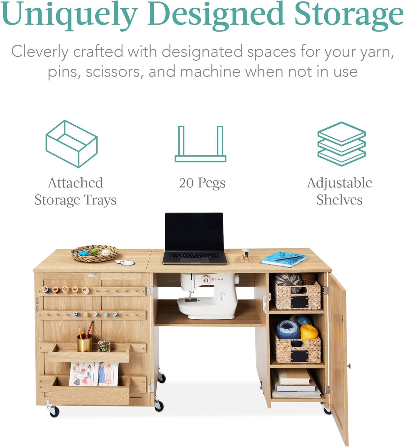 Close-up of the sewing table's storage features, including thread pegs, storage trays, and adjustable shelves.