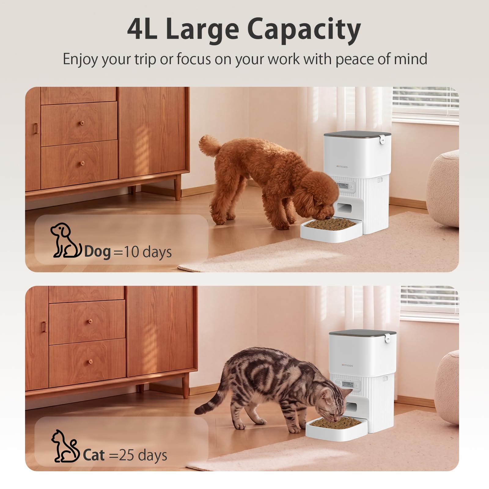 Mangeoire automatique pour chat avec anti-obstruction et double puissance, distributeur de nourriture sèche de 4 L pour 1 à 6 repas par jour, minuterie et garde frais, mangeoires chronométrées pour