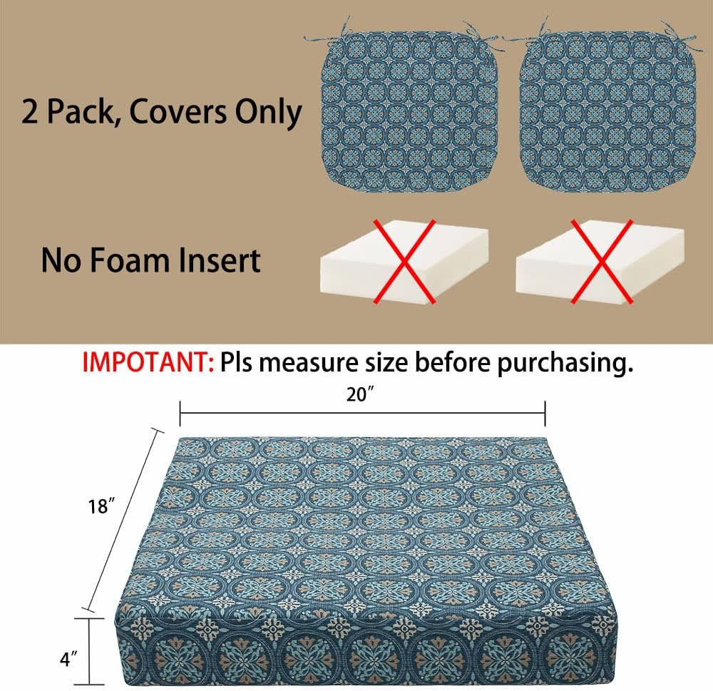Magpie Fabrics Indoor Outdoor Cushion Cover Replacement 2 Pack, NO Insert! Water Repellent Slipcover with Ties Decor for Patio Garden Chair Seat Sofa Bench Wicker(Morgan Medal Blue, 20x18x4 Inch)