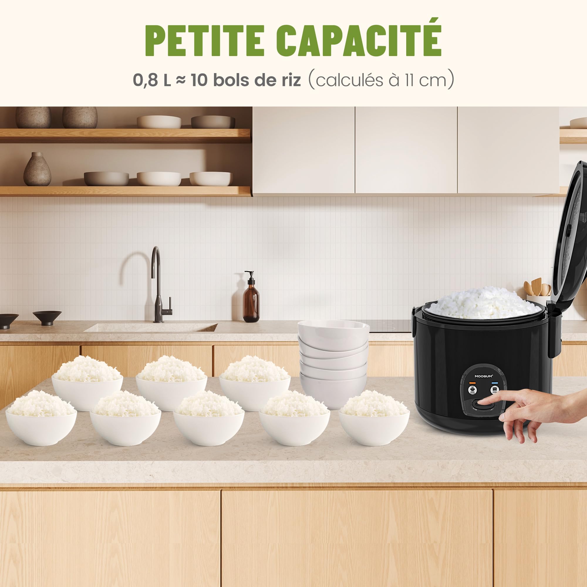 Cuiseur riz (rice cooker) & cuiseur à vapeur Noir avec fonction de maintien au chaud - 0,8 l pour 2-5 personnes - Revêtement céramique avec insert pour cuiseur à vapeur,Noir