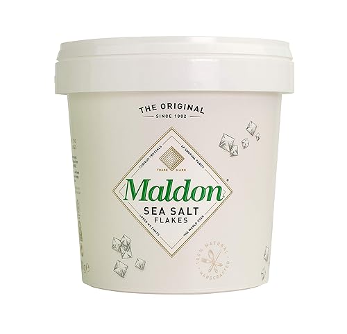 Maldon Salt Company Sea Salt Flakes - Tina resellable natural artesanal Kosher sal premium cristales piramidales crujientes suaves 20 onzas paquete