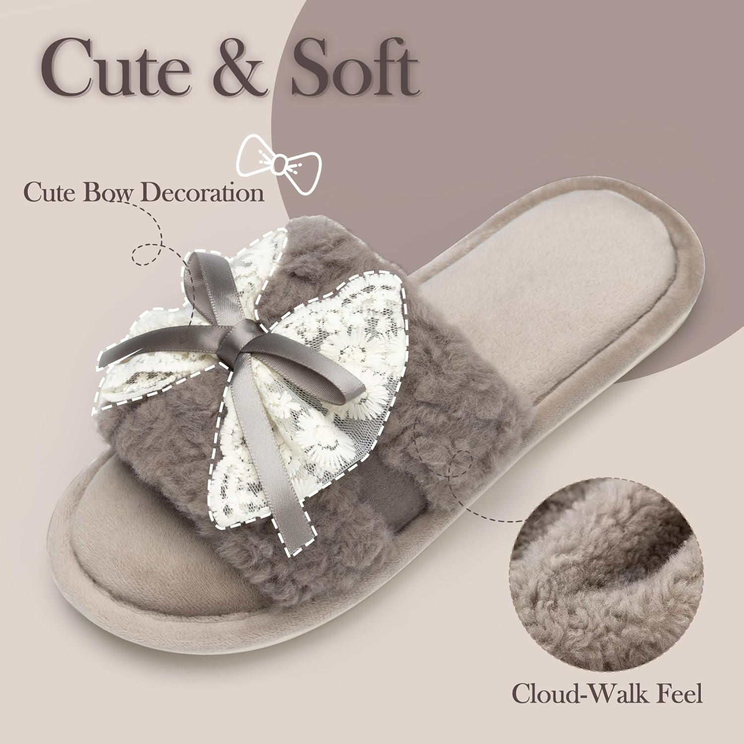 Women's Open Toe Memory Foam Slippers - Cute Fuzzy House Shoes with Lace Bow, Soft Plush Slides for Indoor Comfort, Cozy Non-Slip Gift Gifts for Women Mom Ladies - Image 5