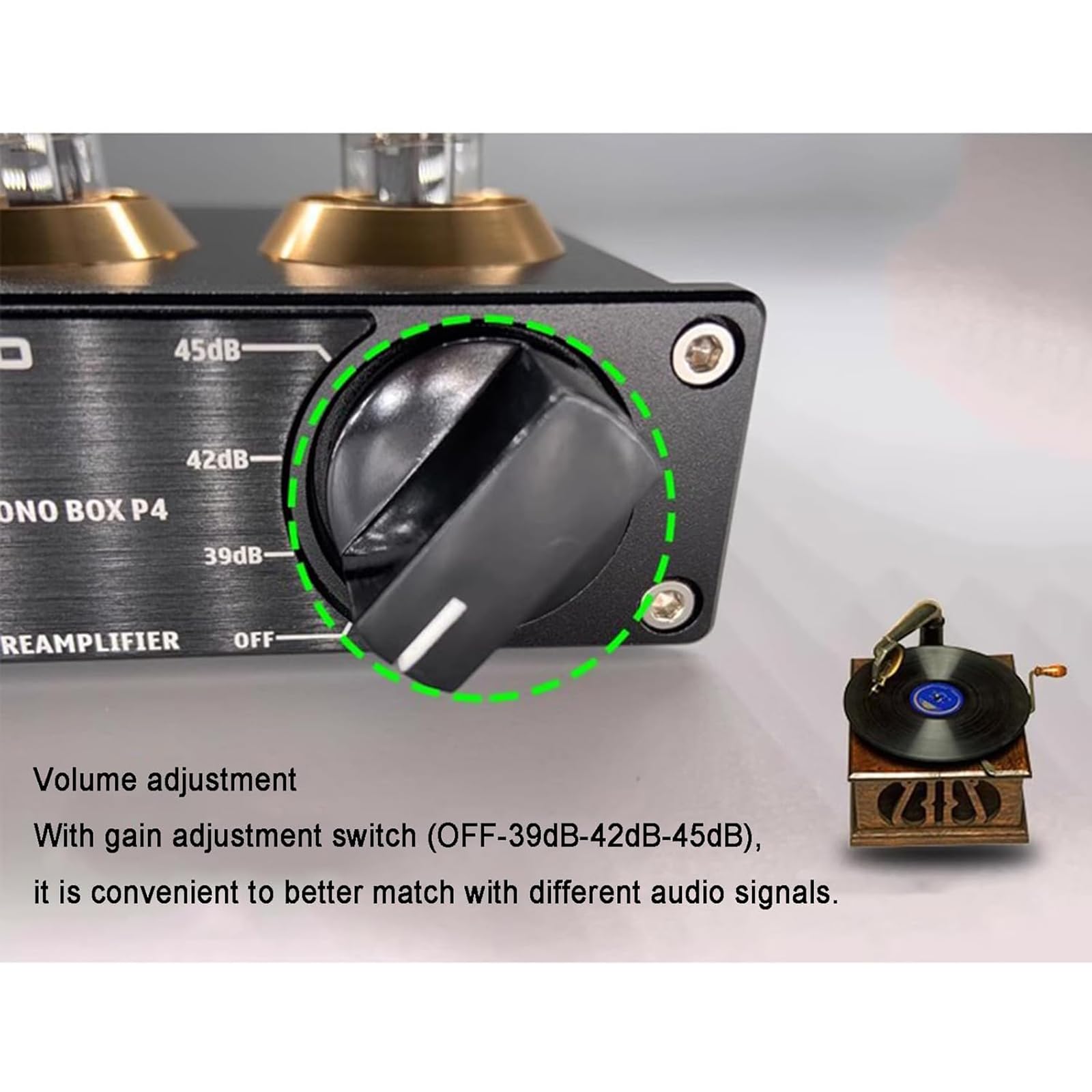 MObyat Mini Preamplificador Hi-Fi, Preamplificador De Fono con Tubo De Vacío, Tubos Reemplazables/Entrada Auxiliar De 3,5 Mm/Interruptor Entre 3 Modos: 39, 42 O 45 DB, para Tocadiscos