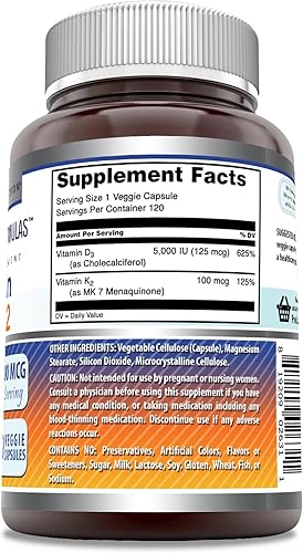 Miniatura 2 de Amazing Formulas Vitamina D3 5000 UI con vitamina K2 100 Mcg  Suplemento de 120 cápsulas vegetales  Sin OMG  Sin gluten  Fabricado en Estados Unidos