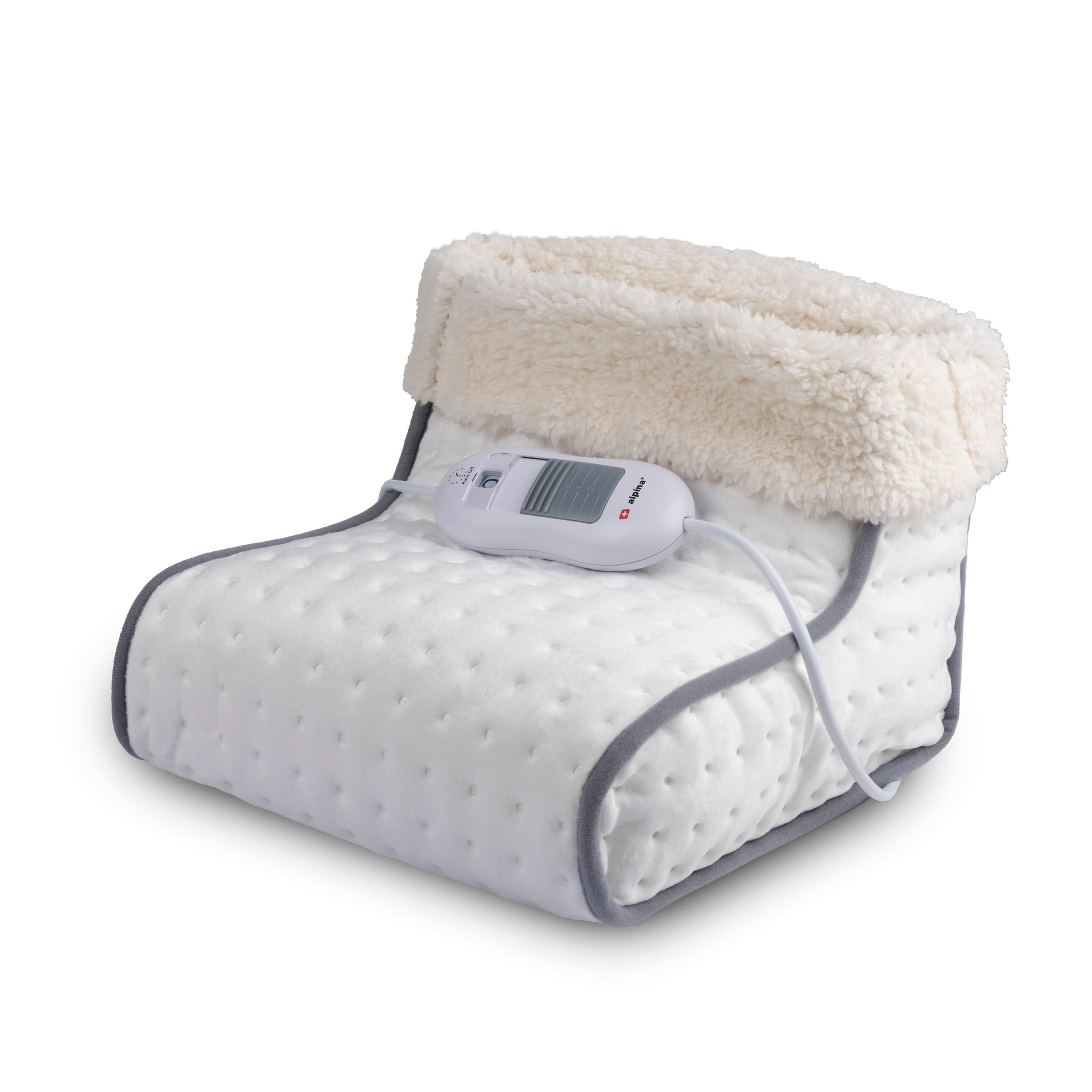 Alpina Chauffe-Pieds Électrique avec Télécommande – Chausson Chauffant 3 Niveaux – Arrêt Automatique 90 Min – Housse Lavable – Pantoufle Chauffante – Blanc, 30x30x23