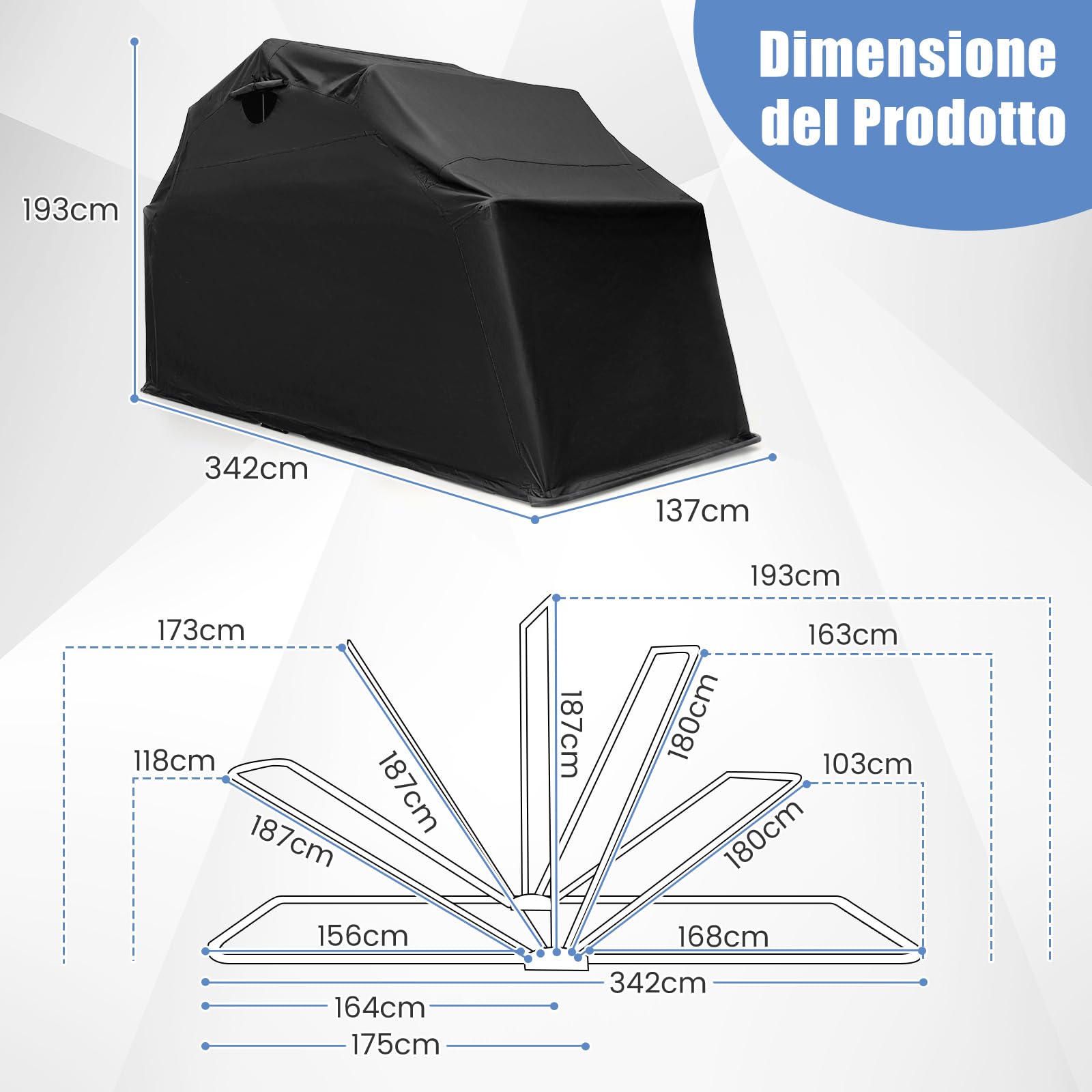 COSTWAY Telo Moto per Esterno, Garage per Moto con Copertura in Tessuto Oxford, Finestre a Rullo in Rete, Portatile e Impermeabile, 342 x 137 x 193 cm