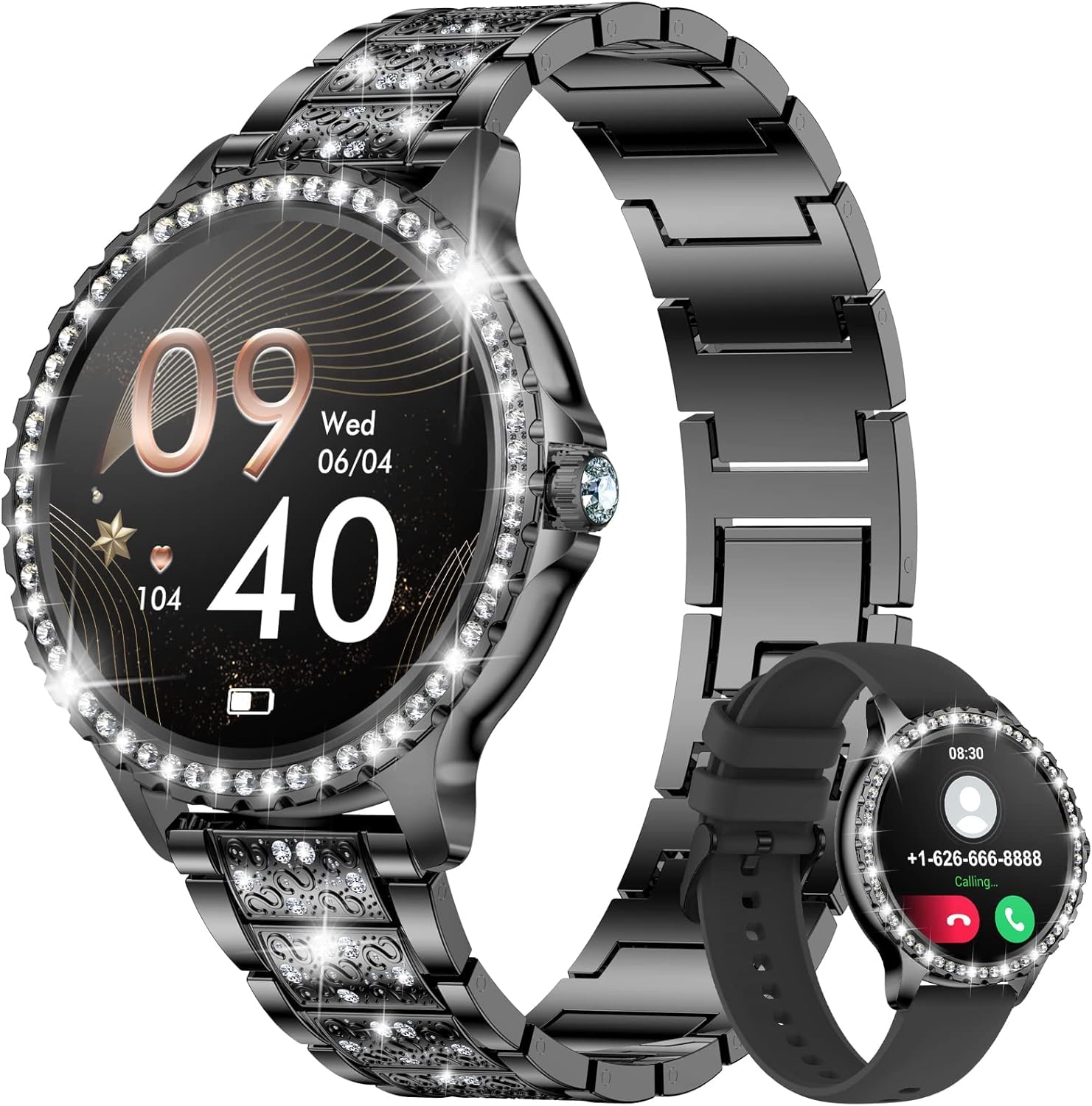 LIGE Women's Smart Watch with Bluetooth Call, 1.32" Diamond Smartwatch, Sleep Monitor, Menstrual Cycle, Pedometer, 500+ Dial Smart Watch for Android iOS, Black Stainless Steel