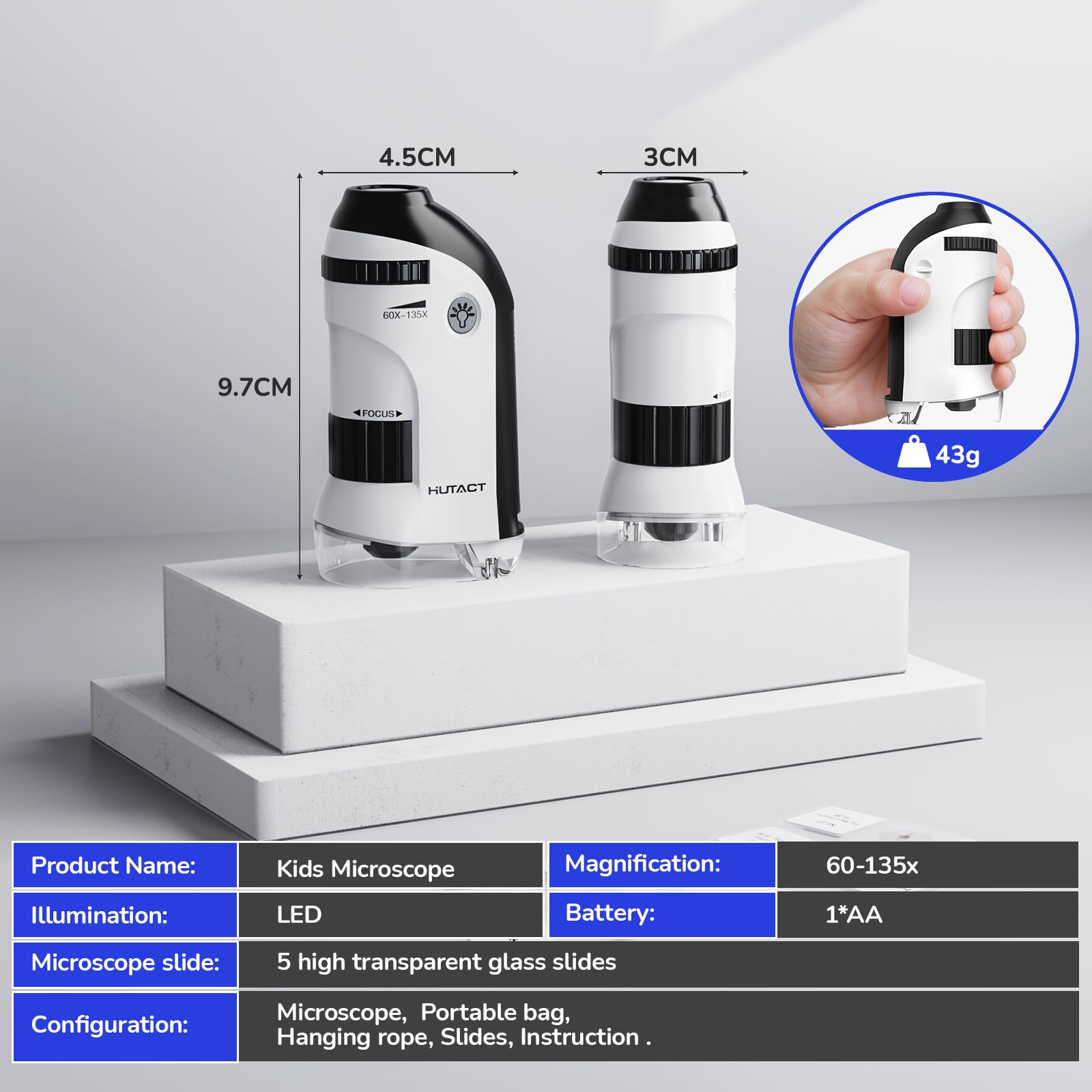 Microscopio Tascabile con Set di Vetrini: 60x-135x Microscopia Mini a LED Microscopio Portatile Bambini Regalo Educativo per Studenti Adulti Osservazione Microbiologica - Bianco