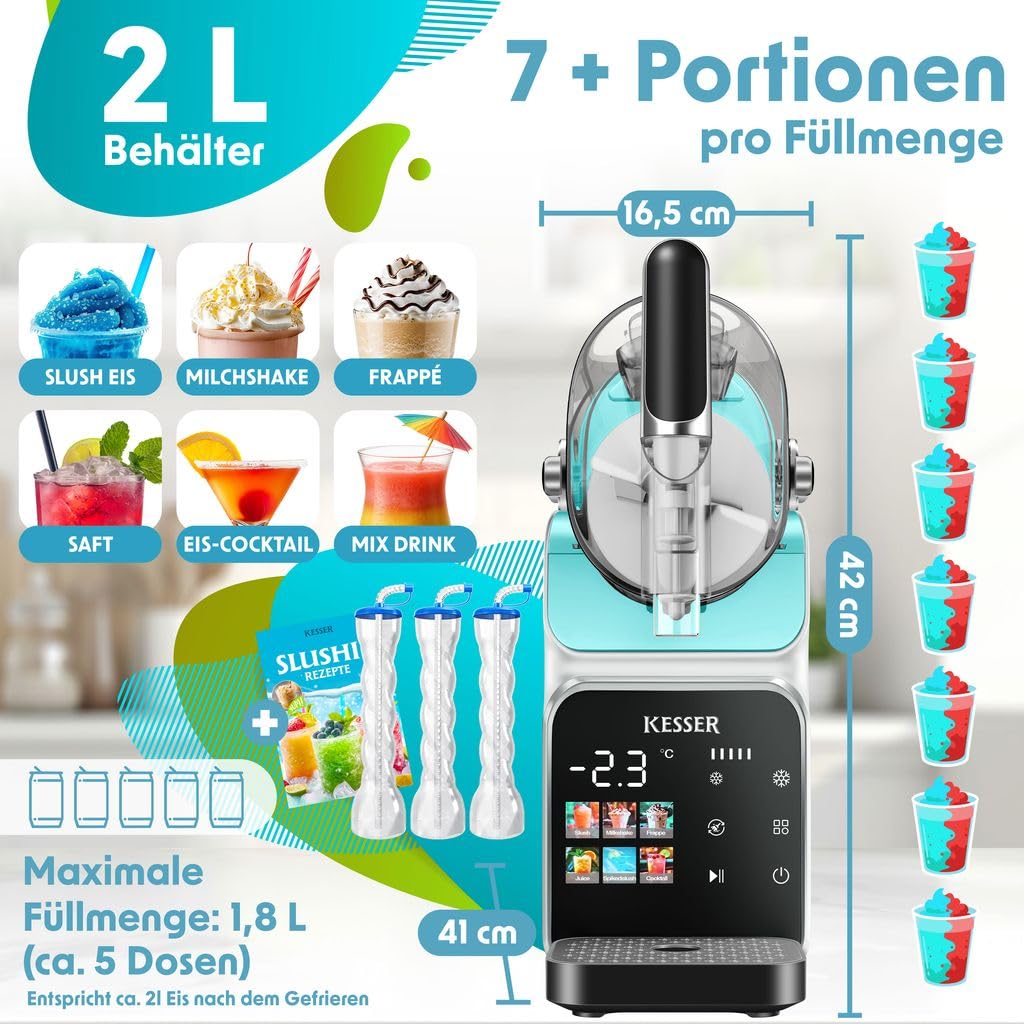 KESSER® Slush Maschine für zu Hause - Slush Ice Maker 2L - für Slush, Eis-Cocktails, Frappés, Milchshakes & gefrorenen Saft - in 25 min & mit 6 Programmen - inkl. 3x Becher & Rezeptbuch, Hellblau
