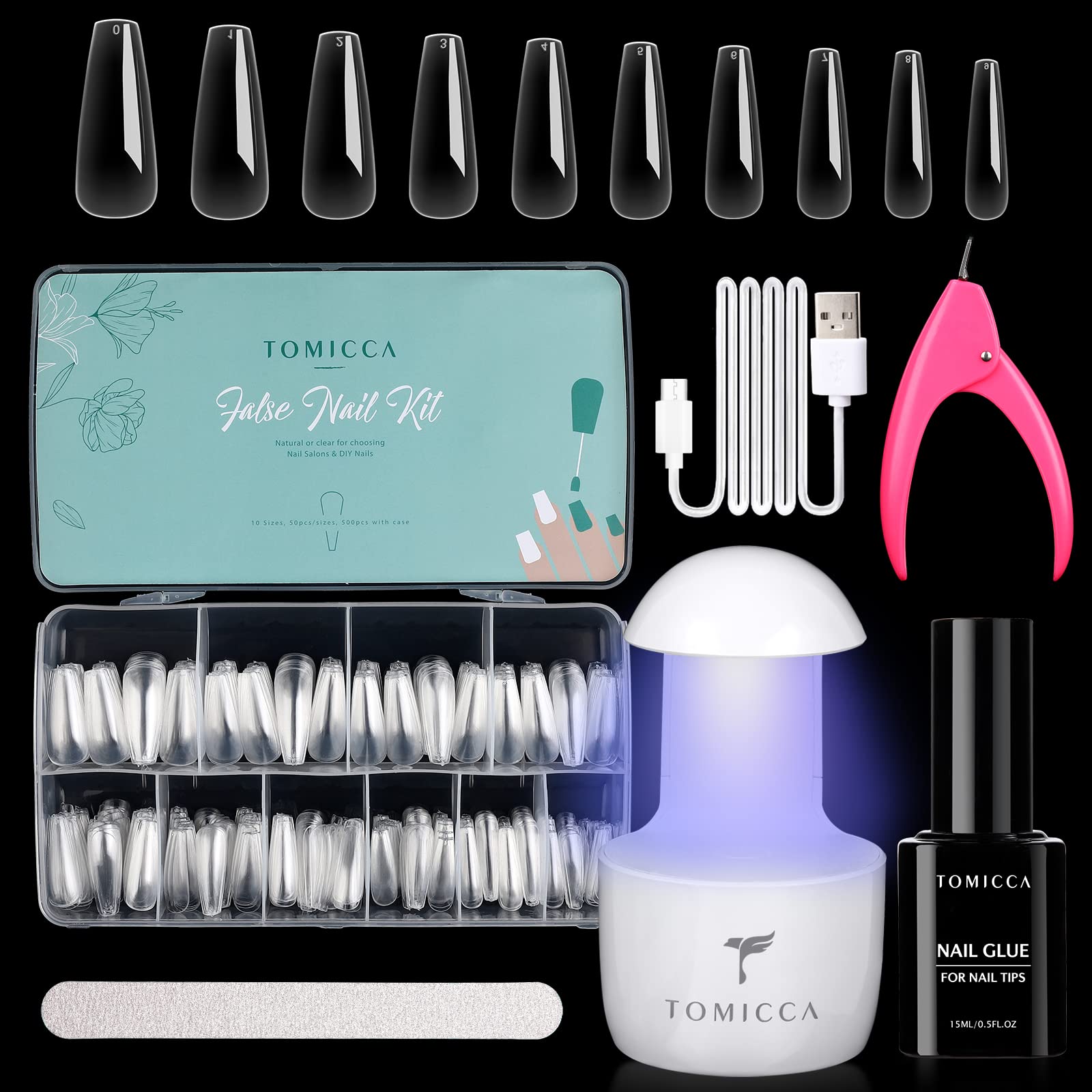 TOMICCA Nail-Tips and Glue Gel Kit | 500PCS Soft Gel Nail Tips, Portable UV LED Nail Lamp with 15ml 2 In 1 Nail-Glue Gel Acrylic Nail Kit Easy DIY Nail Art Nail Extension Kit