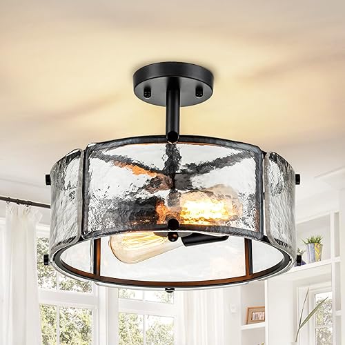 Moderna lámpara de techo semiempotrada, 2 luces negras de montaje empotrado con pantalla de vidrio ondulado, luces de granja cerca de techo para