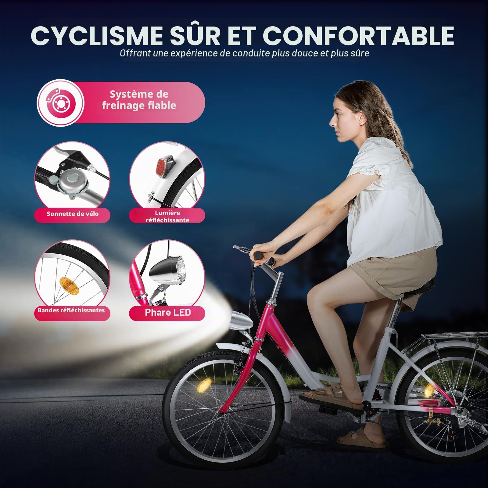 Vélo de ville de 20" à 6 vitesses avec éclairage LED | Vélo réglable en hauteur pour adultes (charge de 90 kg) – Roues en aluminium + frein en V / frein à tambour | Vélo urbain rose et blanc