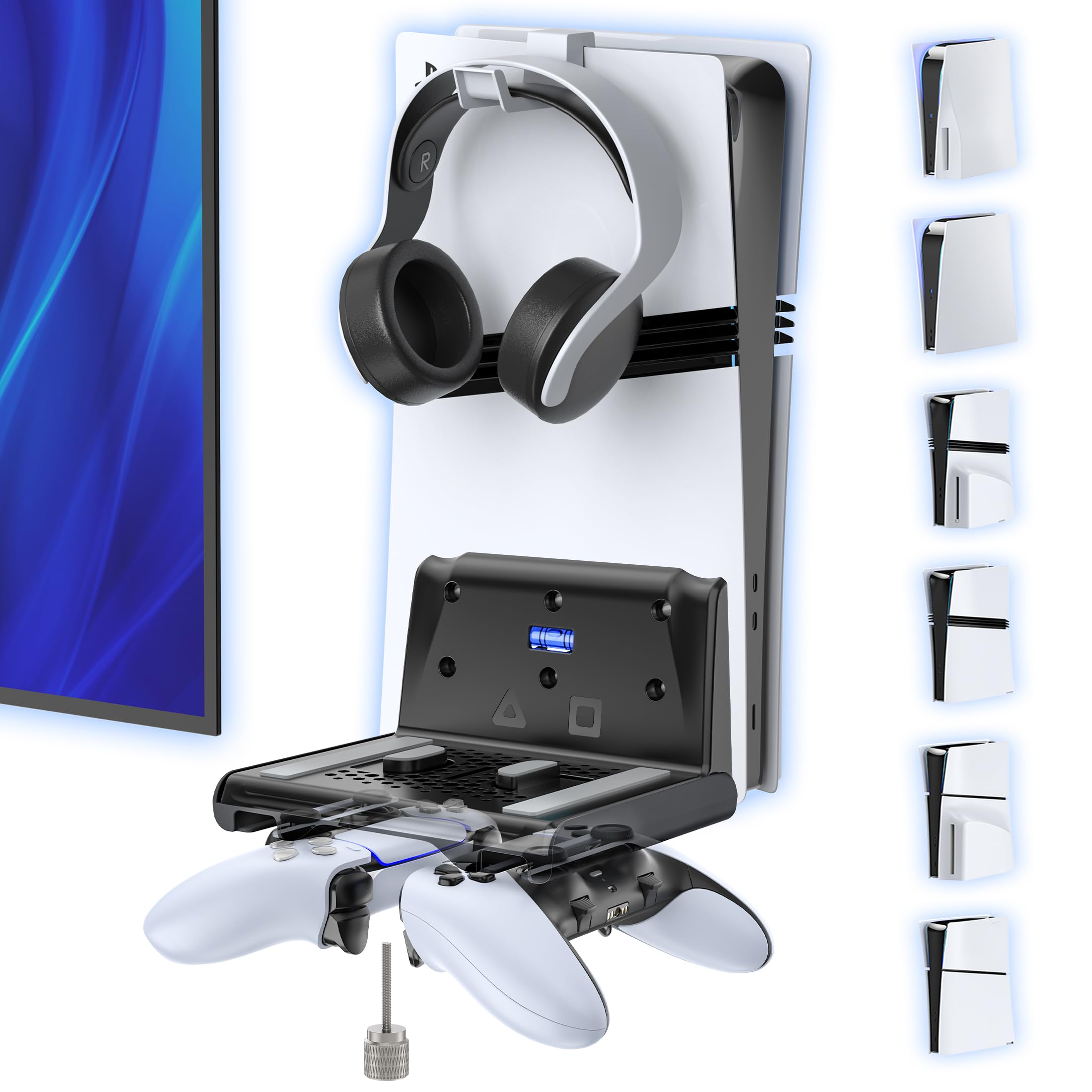 P5 Wall Mount Kit with Controller Holder Compatible with P5/Slim/Pro Disc & Digital, Pa5 Mount Floating for Gaming Accessories, Compact Pa5 Vertical Wall Shelf Organizer Bracket with Headphone Hook-image-19
