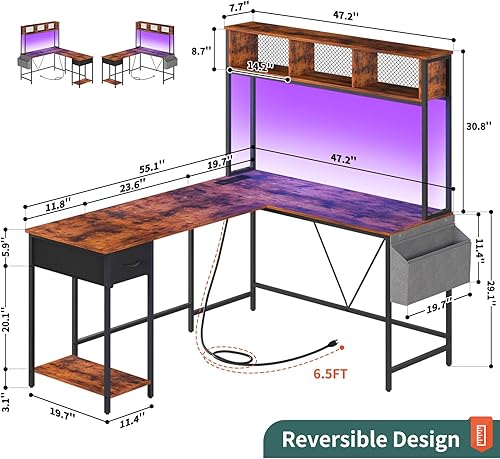 Miniatura 3 de Yoobure Escritorio en forma de L con tira LED y toma de corriente, escritorio reversible en forma de L, escritorio esquinero, escritorio de oficina
