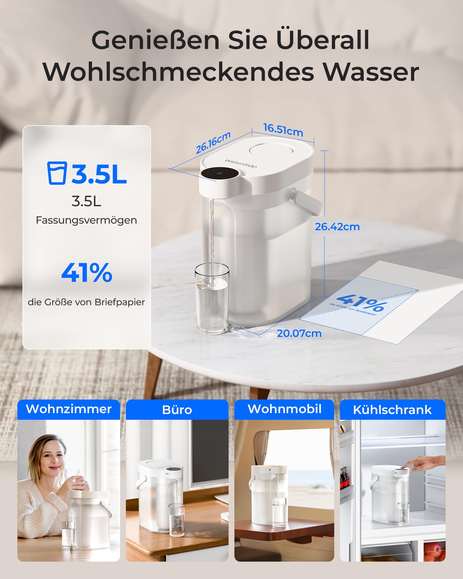 Waterdrop WD-ED11W Wiederaufladbarer Elektrischer Wasserfilterkrug 3,5L Wasserenthärter Kalkfilter