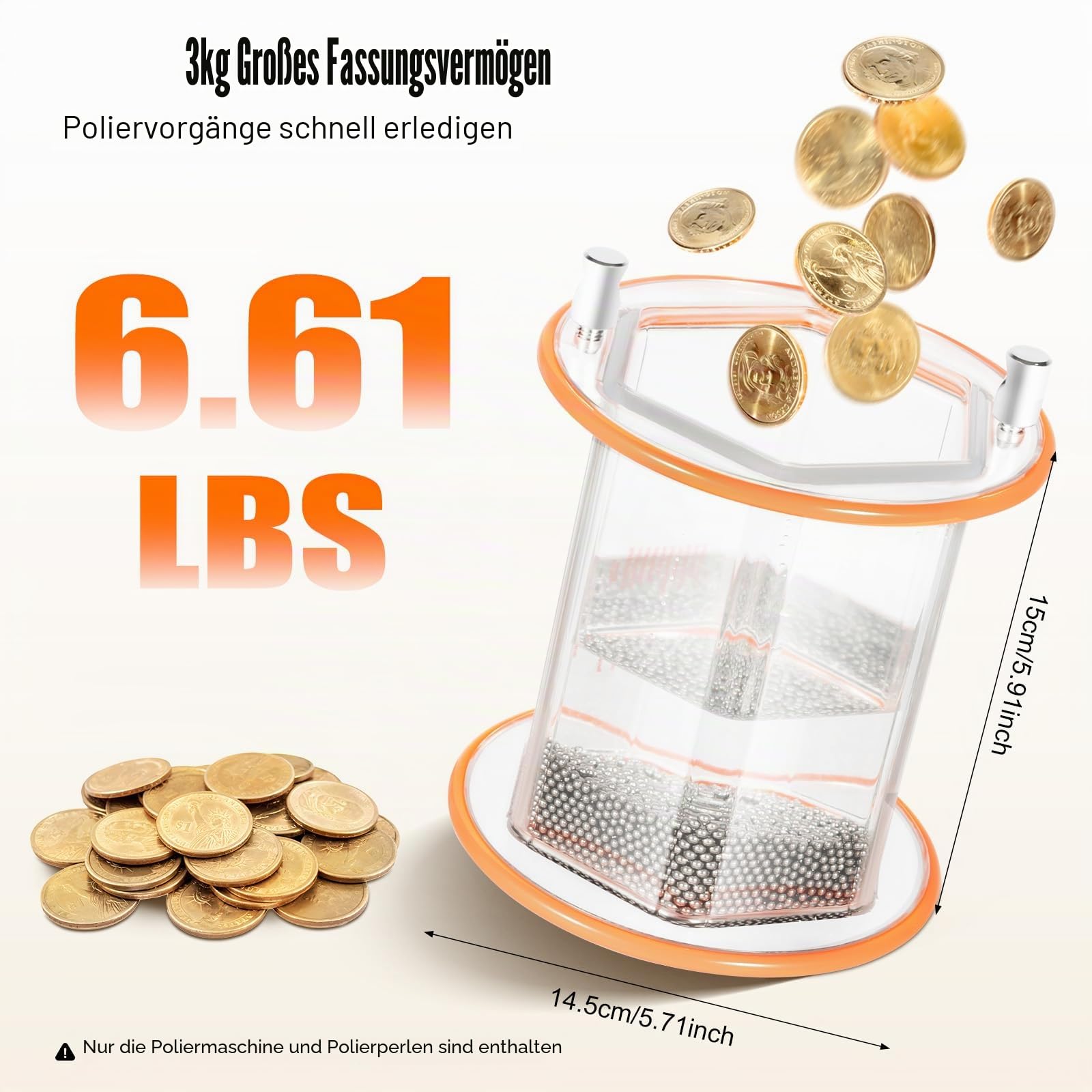 Poliermaschine für Schmuck, 3 kg Kapazität, 45W, 3500 U/min, 5 Geschwindigkeitsstufen, 10-60 Minuten Timer, Edelstahl-Polierkugeln, 220V