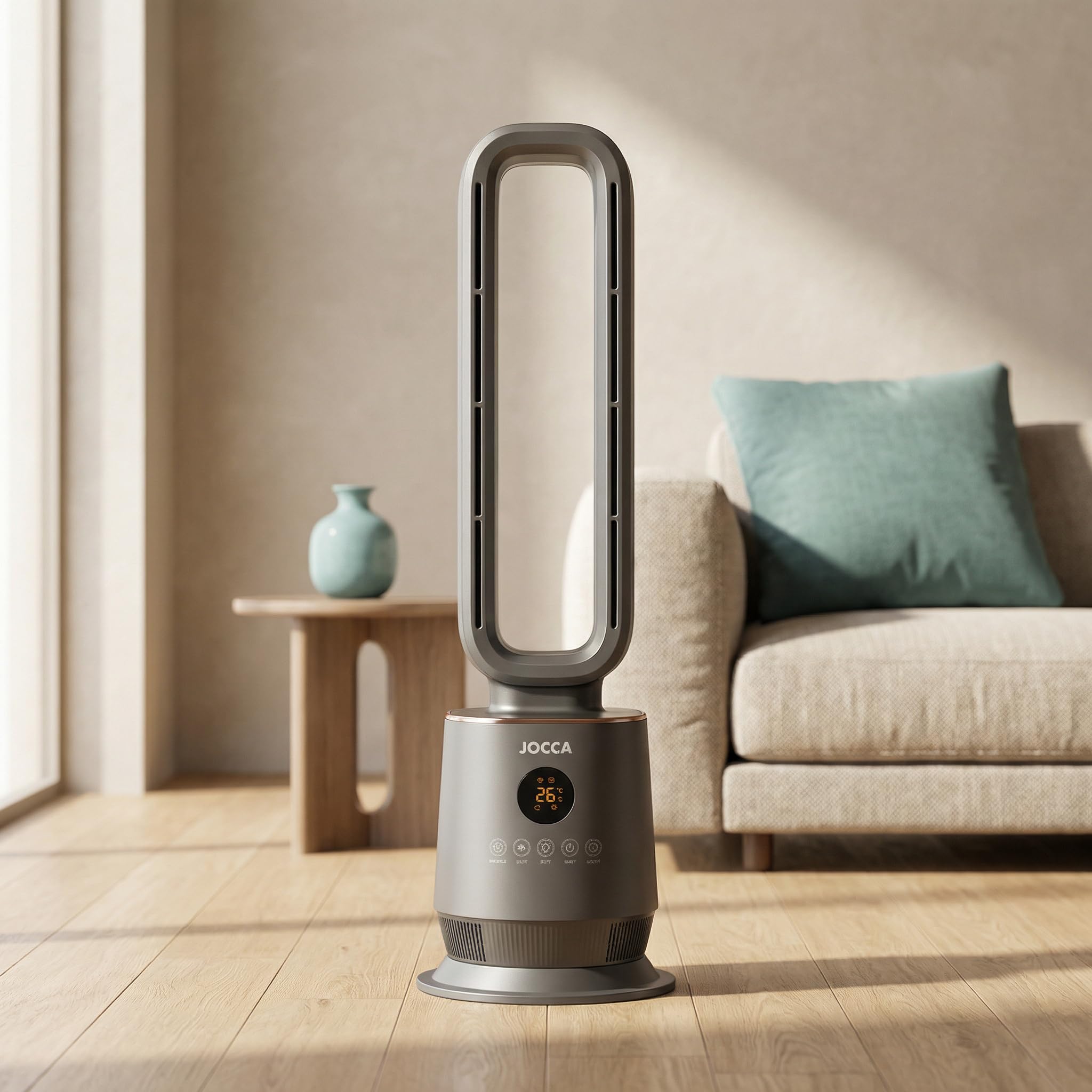 JOCCA - Riscaldatore digitale senza pale 2000 W con telecomando | Termoventilatore silenzioso con oscillazione 70°, timer, termostato 16-36°C, luce LED 7 colori e protezione di sicurezza