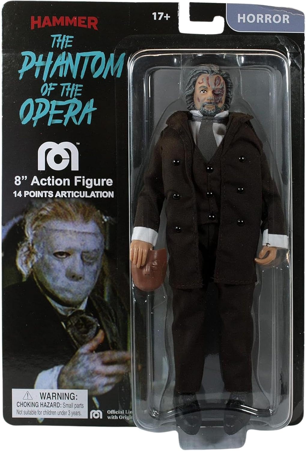 Front of the action figure's blister card packaging, showing the figure inside and 'Hammer The Phantom of the Opera' branding.