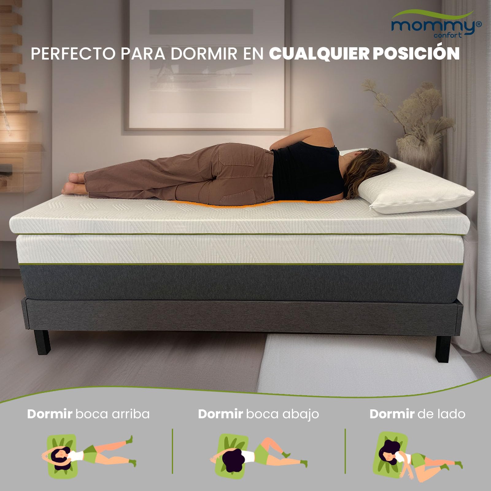 Topper Viscoelastico 150x190x5 cm – Funda Lavable y Desenfundable con Cremallera - Nucleo 100% Viscoelastica –– Transpirable + Alivia Dolores – Fabricado en Valencia - Topper colchon - MOMMY CONFORT