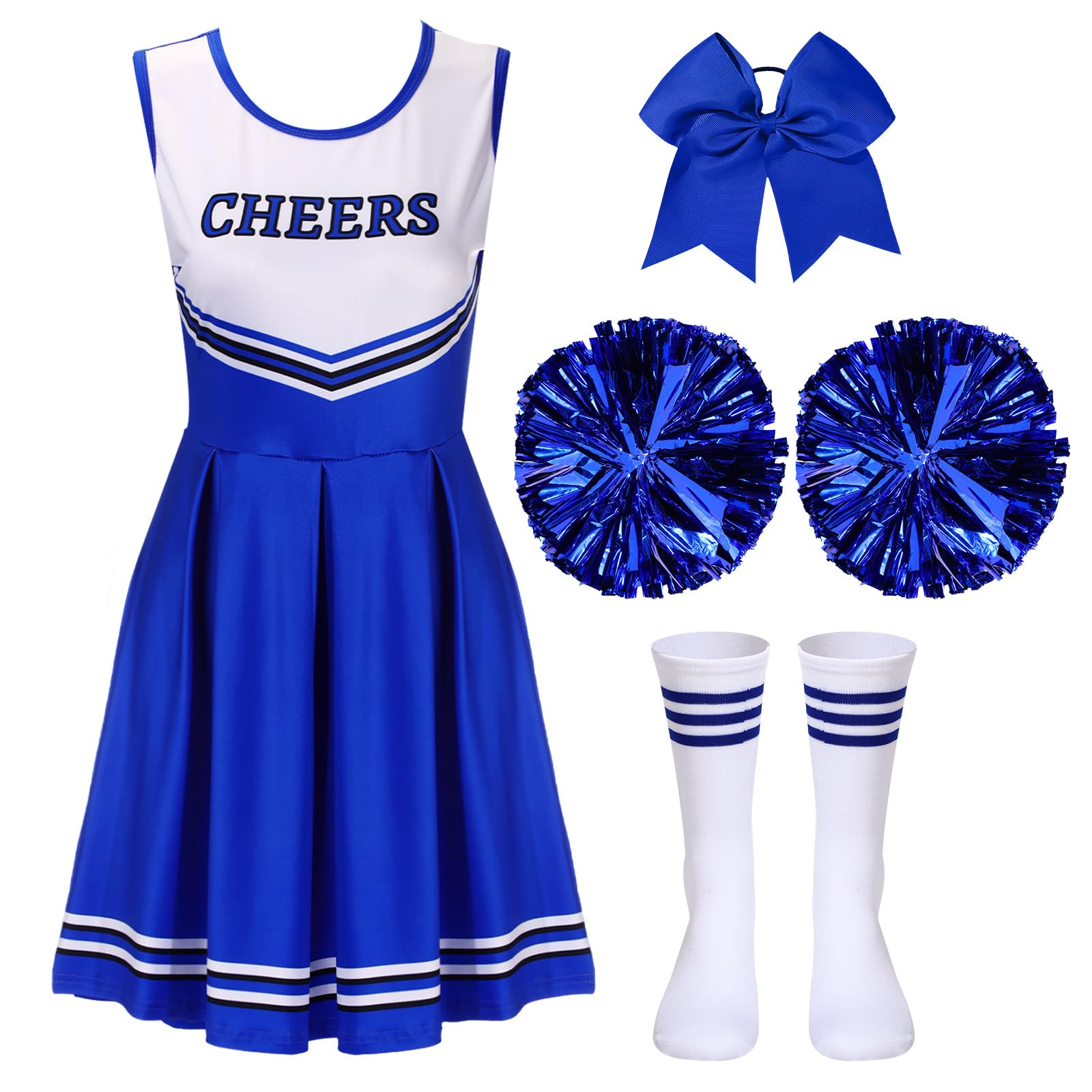 Ramede Halloween Women Cheerleader Costume Musical Uniform Cheer Costume with Striped Socks Bow Hair Accessory Pom Poms
