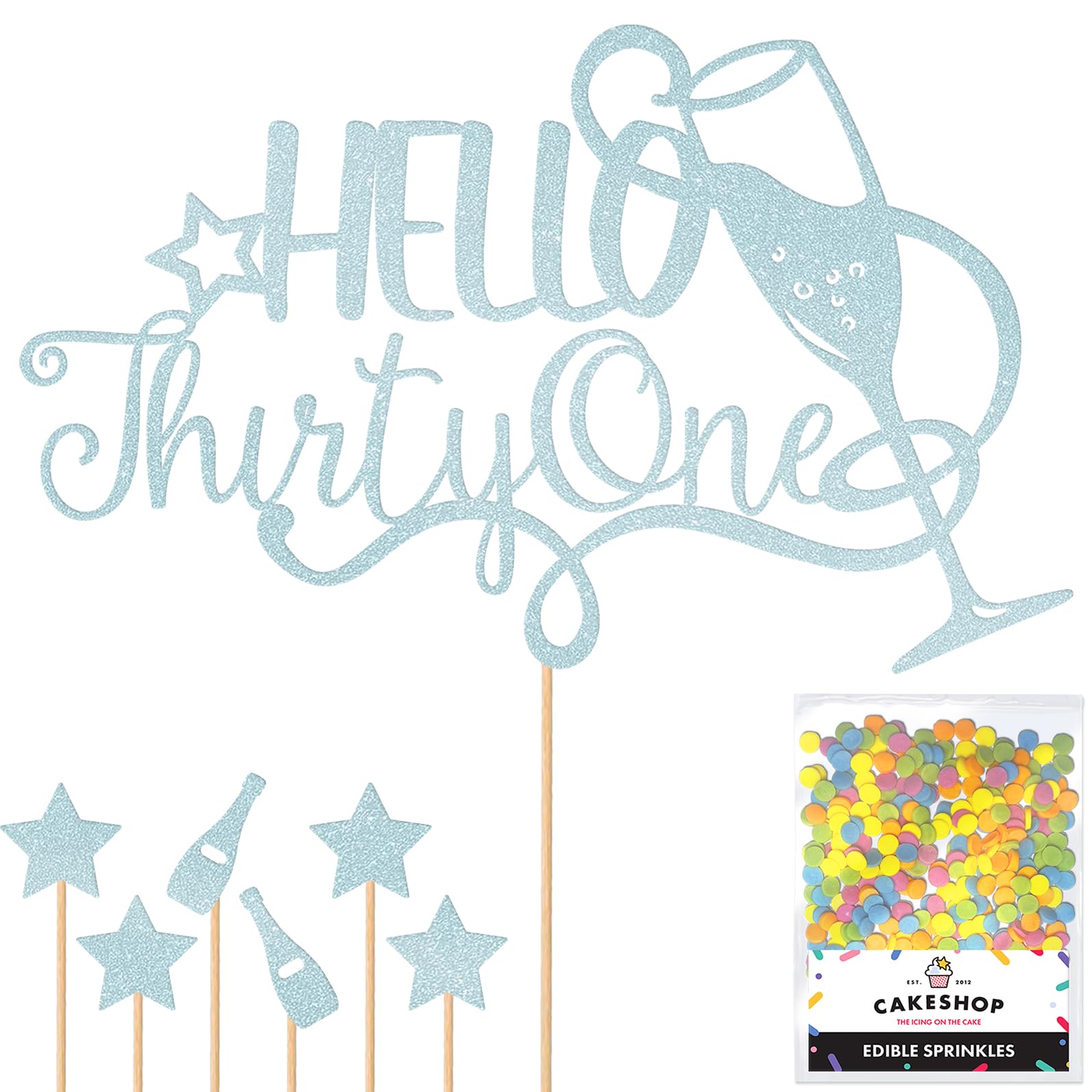 Personalised Champagne/Prosecco Flutes Glitter Cake Topper - Light Blue Custom Age Glitter Cake Decoration and Sprinkles - Happy Birthday Decorations - Personalised Toppers for Cakes by Cakeshop โ image 1