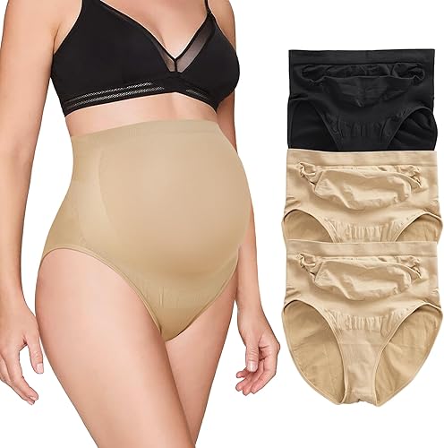 Miniatura 5 de Bragas de maternidad Brabic para mujer de cintura alta ropa interior para embarazo soporte para el vientre paquete de 3 1 negro + 2 beige, 2 negro+1