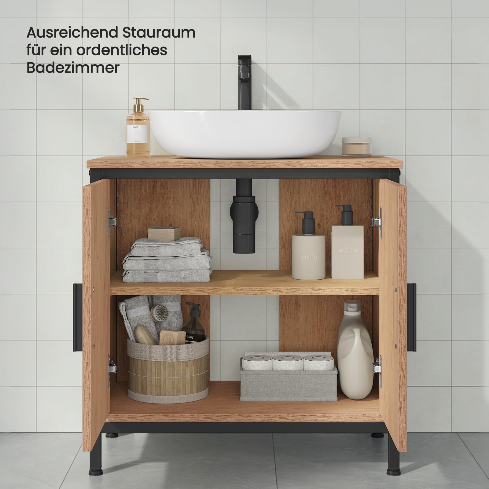 EUGAD Waschbeckenunterschrank 60x60x30 cm, Badezimmerschrank mit höhenverstellbarer Trennwand, Kleiner Schrank im Badezimmer, Badschrank aus Holzwerkstoff Metall, Schwarz