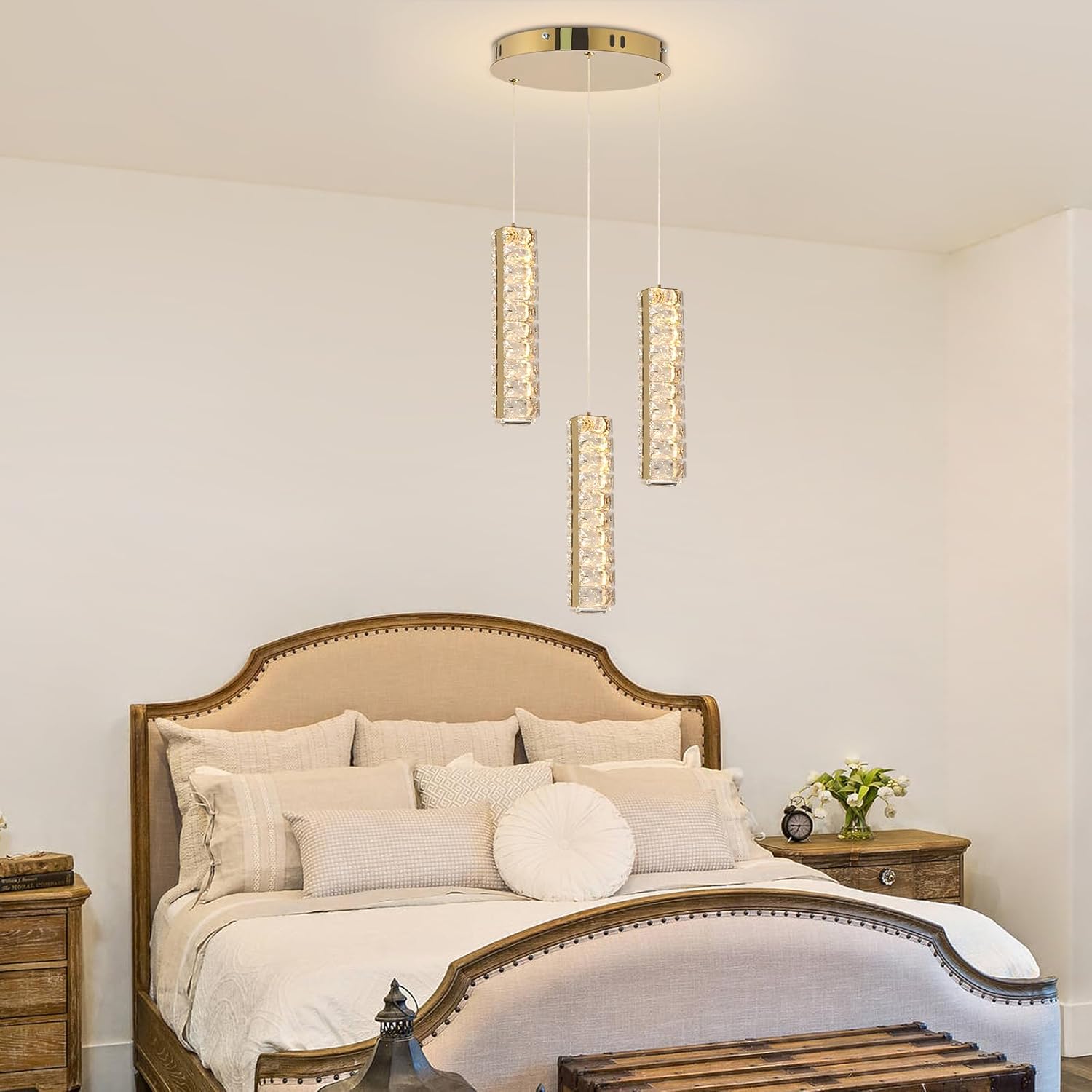 3 Light Crystal Chandelier, Remote Dimmable LED Pendant Light, 3000K-6000K, 20W, 85-265V, Ø250mm Ceiling Plate, Modern Raindrop Light for Dining Room Kitchen Island Hallway