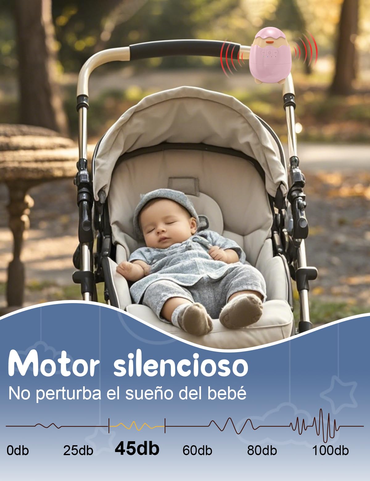 Robofun Baby Rocker-Diseño original-Columpio Para Cochecito De bebé, Ayuda Para Dormir Para Bebés, Temporizador De 30-60-90 Minutos, 5 Niveles De Intensidad – para cochecitos - Rosa