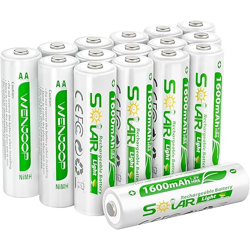 16 Pack AA Rechargeable Batteries for Solar Lights, NiMH 1.2V 1600mAh Precharged Low Self-Discharge, Replacement Batteries for Outdoor Garden Pathway Deck Fence String Lights