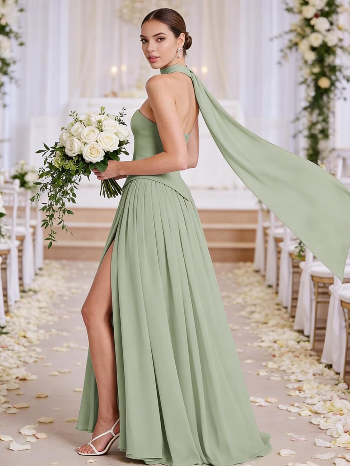 Elegant Strapless Formal Evening Gowns with Scraf Chiffon Pleated A-Line Long Slit Bridesmaid Dresses for Women - Image 3