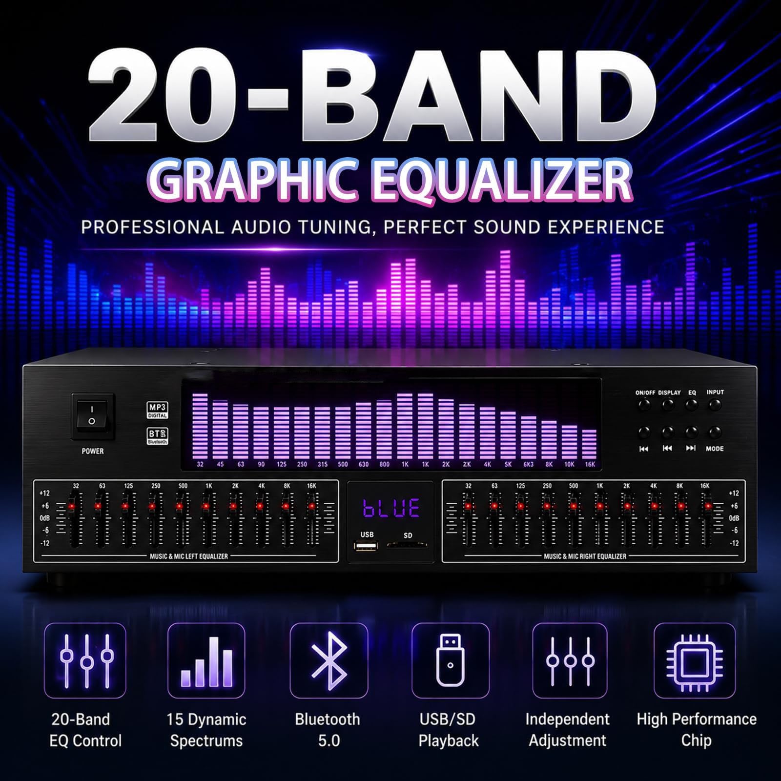 20-pasmowy Stereofoniczny Korektor Graficzny, Cyfrowy Przedwzmacniacz Procesora Audio Z Analizatorem Widma LED, System Dostrajania Korektora Dźwięku Domowego Audio Do Studia, Nagrywania I