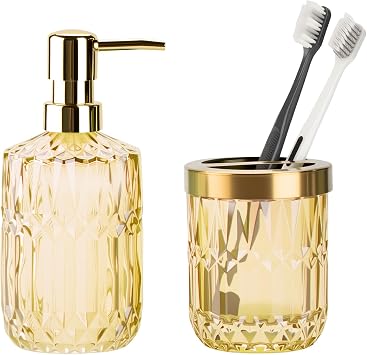 RRM Glass Bathroom Toothbrush Holder and Soap Dispenser Set,Clear Gold | 2 Piece Bathroom Accessories Set for Modern Bathroom Decor and Housewarming Gift