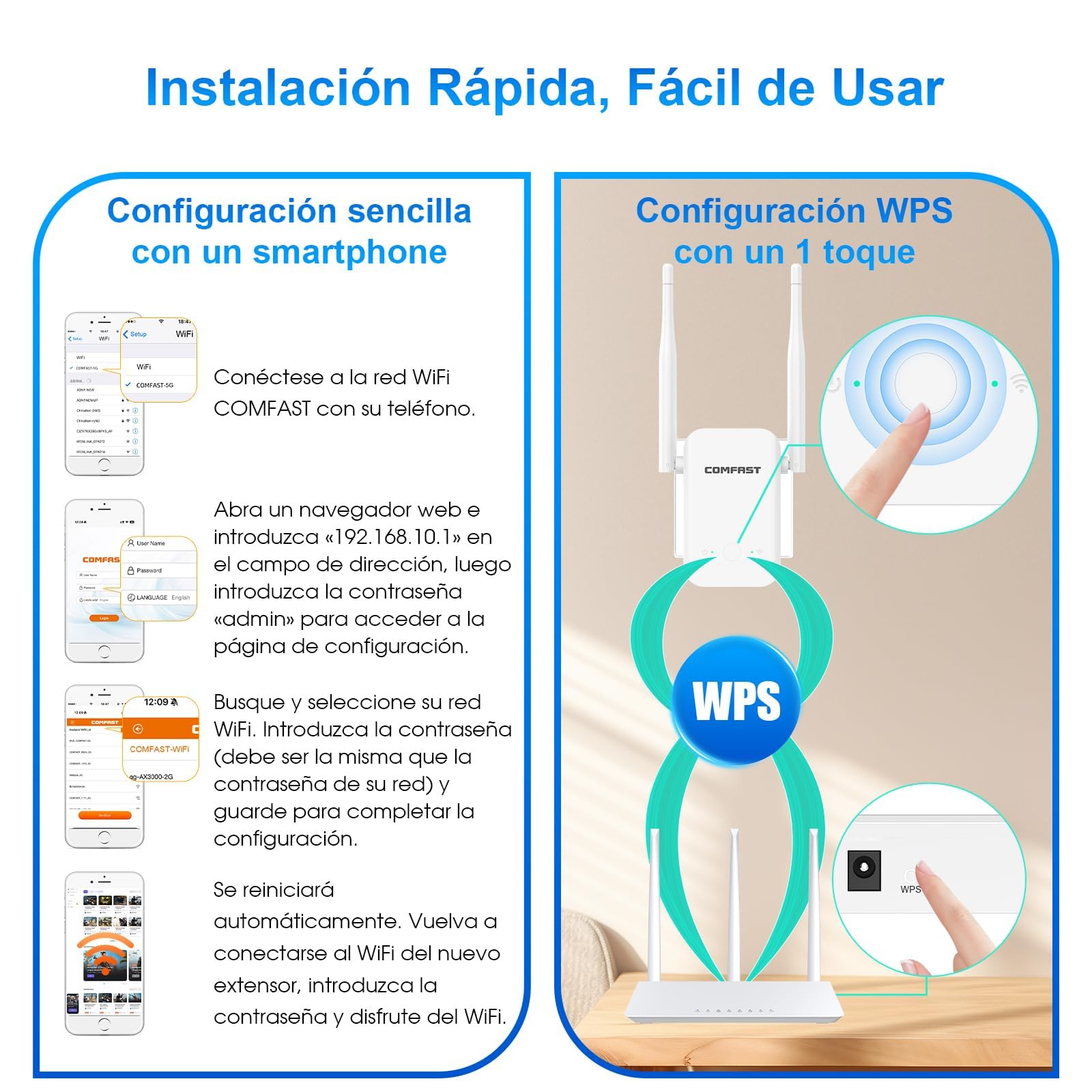 COMFAST Repetidor WiFi N300Mbps, Amplificador Señal WiFi para Casa y Oficina con 2 Antenas Externas, Extensor de Cobertura, Botón WPS, Indicador de Señal, Compatible con los Routers — view 8