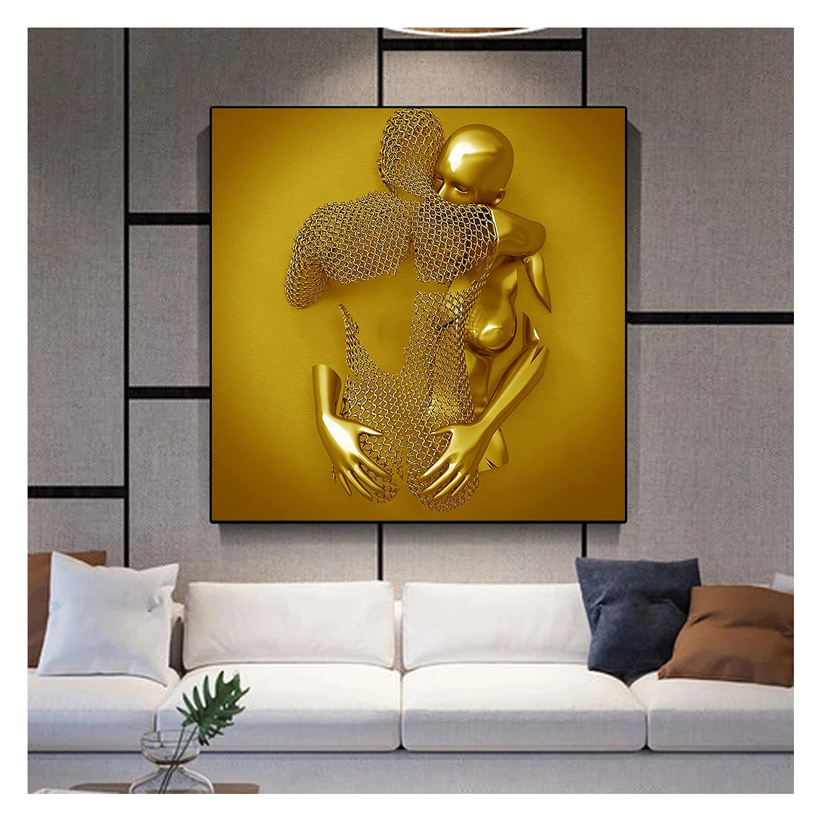 Love Heart 3D Wall Art, Love Heart Gray/Gold Art Wall Abstract Metal Figure Sculpture Canvas Painting Hanging Painting, ​Printing Core for Home Bedroom Decor, Valentine's Day Gift,V,70x70cm(27.5in)