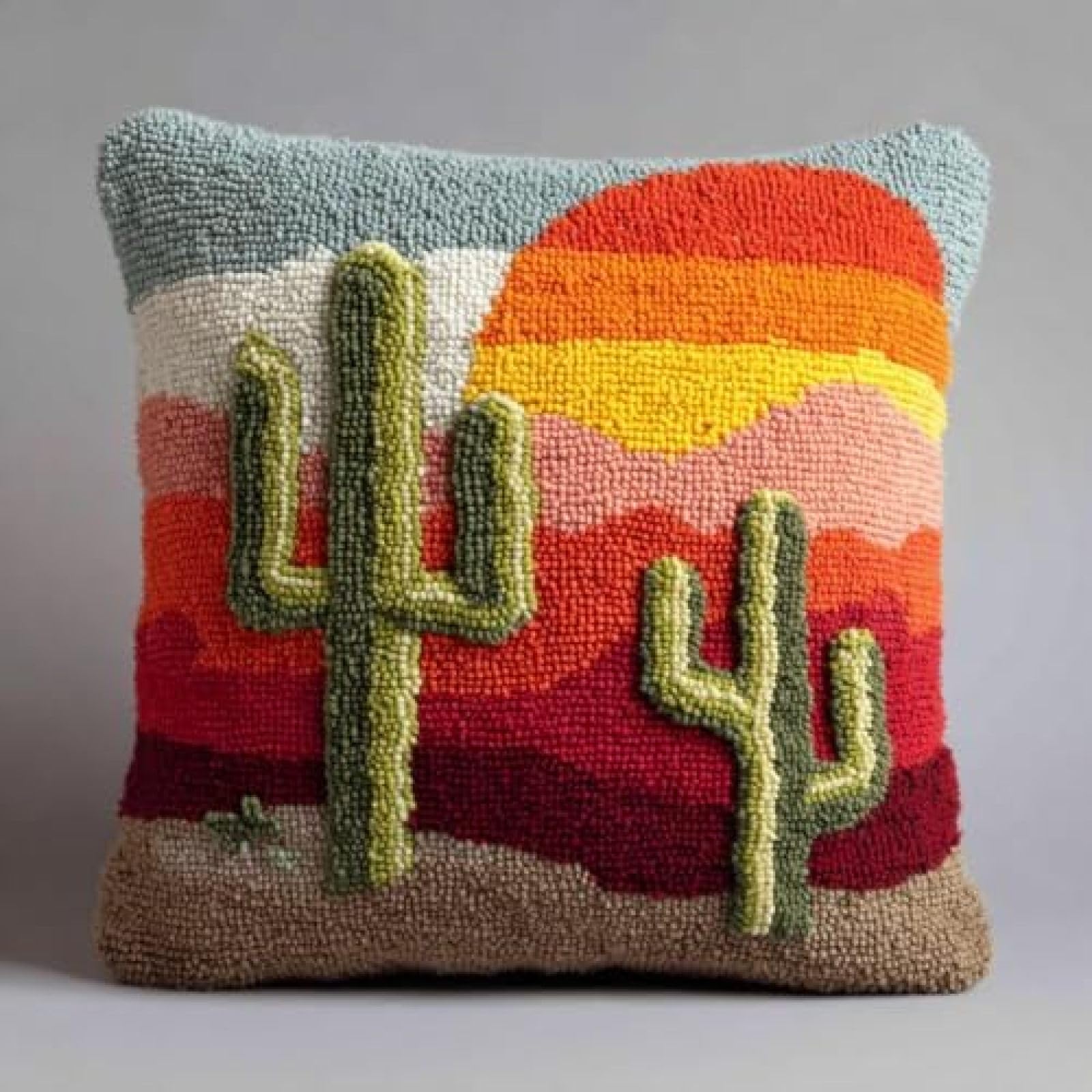 kitphoenix Latch Hook Cushion Cover Kit for Adults,Cactus Saguaro and Sunset,DIY Pre-Printed Punch Needle Embroidery Kit 43x43cm with Yarns & Hooks,Beginner Craft Gift for Women