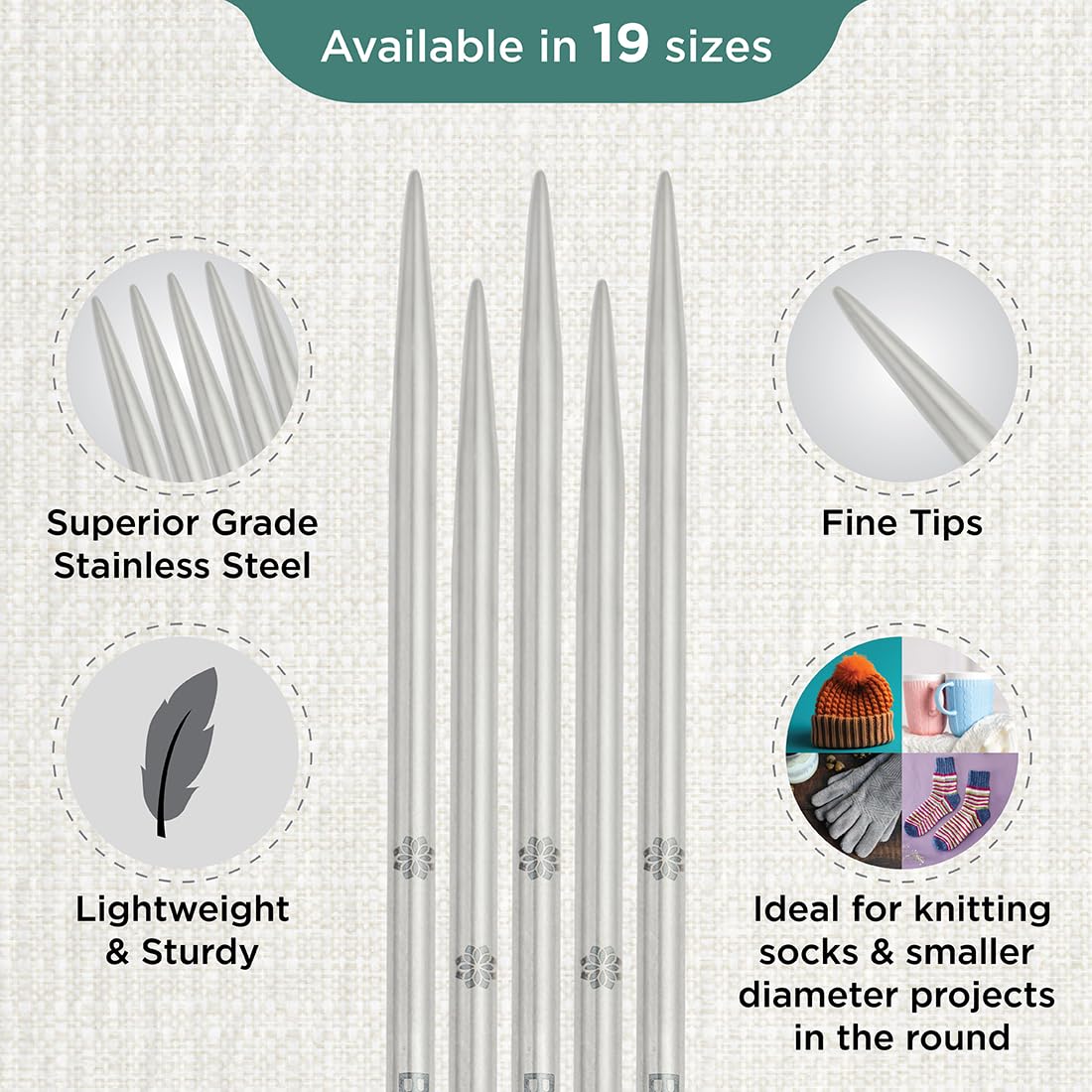 KnitPro The Mindful Collection Double Pointed Needles 8" (20cm), Silver, 3.50mm - Image 3