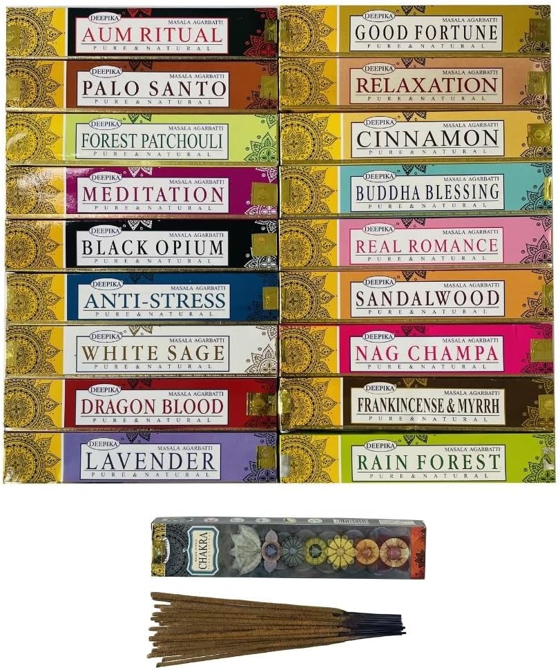 Deepika 12 Pack Assorted Pack 15 Gram x 12 Packs (180 Sticks) for Meditation, Aromatherapy, Healing and Yoga