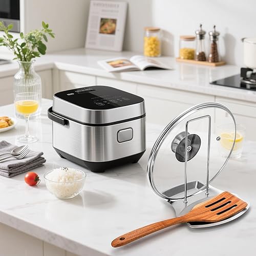 Miniatura 7 de Lawei Paquete de 3 tapas y soporte para cucharas, soportes para tapa de olla de acero inoxidable, organizador de tapa para ollas, sartenes, cucharas